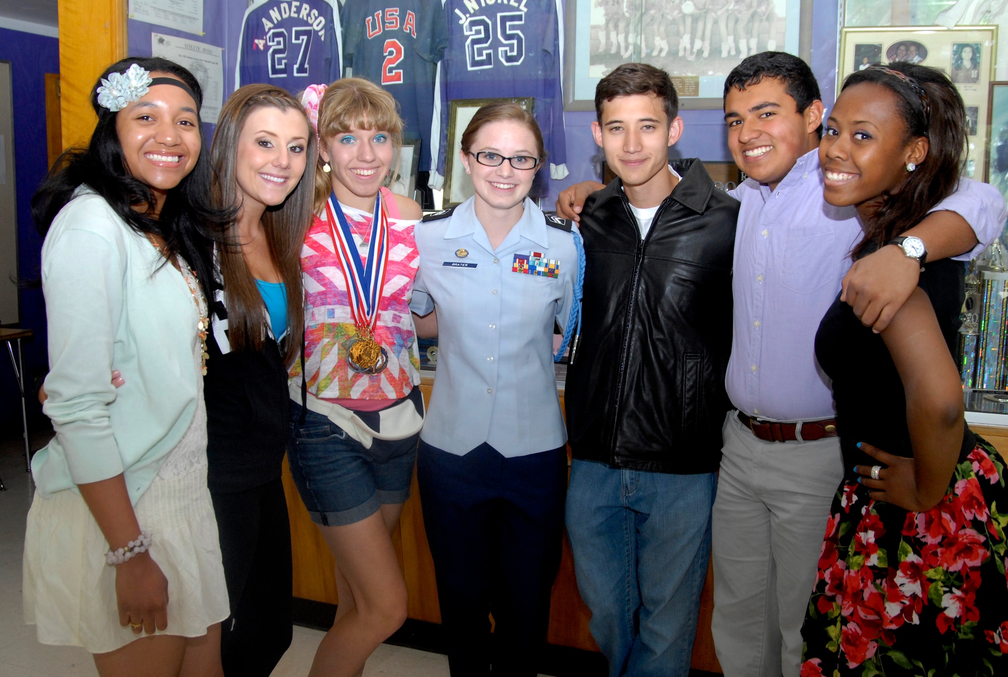 From left to right: Jenieva Abner, Brooke Snyder, Rachel Thomson, Rachael Brater, Gene Hoshino, Edward Vasquez, and Nesha Larkin are just a few of the many Desert High School Students recognized for their outstanding achievements May 17. Combined, the students received more than $1 million in awards. (Air Force Photo by Laura Mowry)