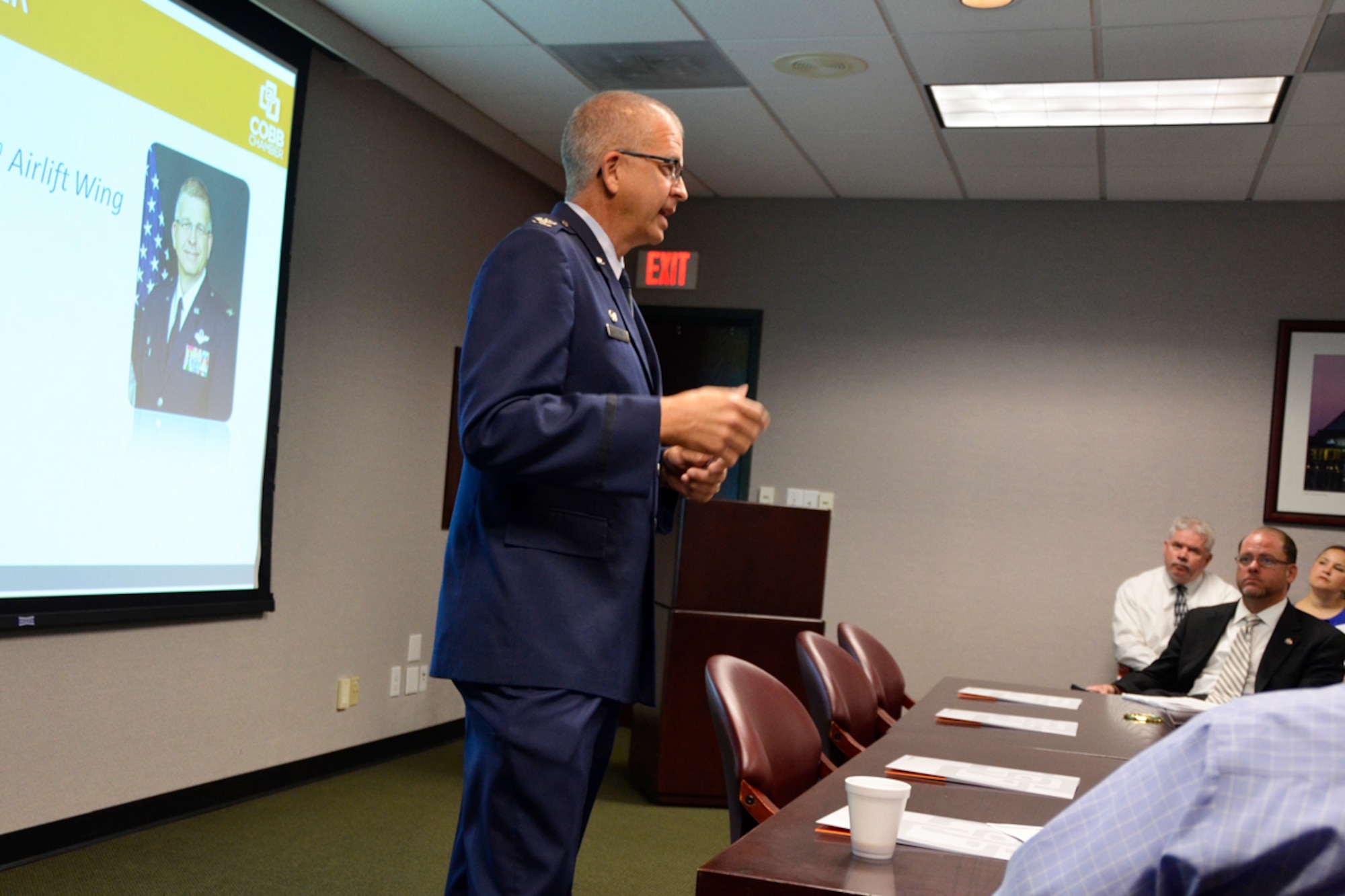 Col. Tim Tarchick, 94th Airlift Wing commander, addresses members of the Cobb Chamber at their Board of Directors meeting in Marietta, Ga., June 4. Topics discussed were the 94th AW mission, and a vital issue that impacts Reservists’ ability to accomplish the mission, employment. (U.S. Air Force photo/Master Sgt. James Branch)
