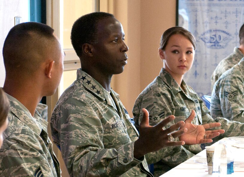 U.S. Air Force Gen. Edward A. Rice Jr., commander of Air Education and Training Command, engages with Airmen during a breakfast at the 162nd Fighter Wing in Tucson, Ariz., June 2. Rice visited the Arizona Air National Guard’s F-16 Fighting Falcon training unit to observe activities at Tucson International Airport during the June Unit Training Assembly. (U.S. Air Force photo by Tech. Sgt. Hollie A. Hansen)