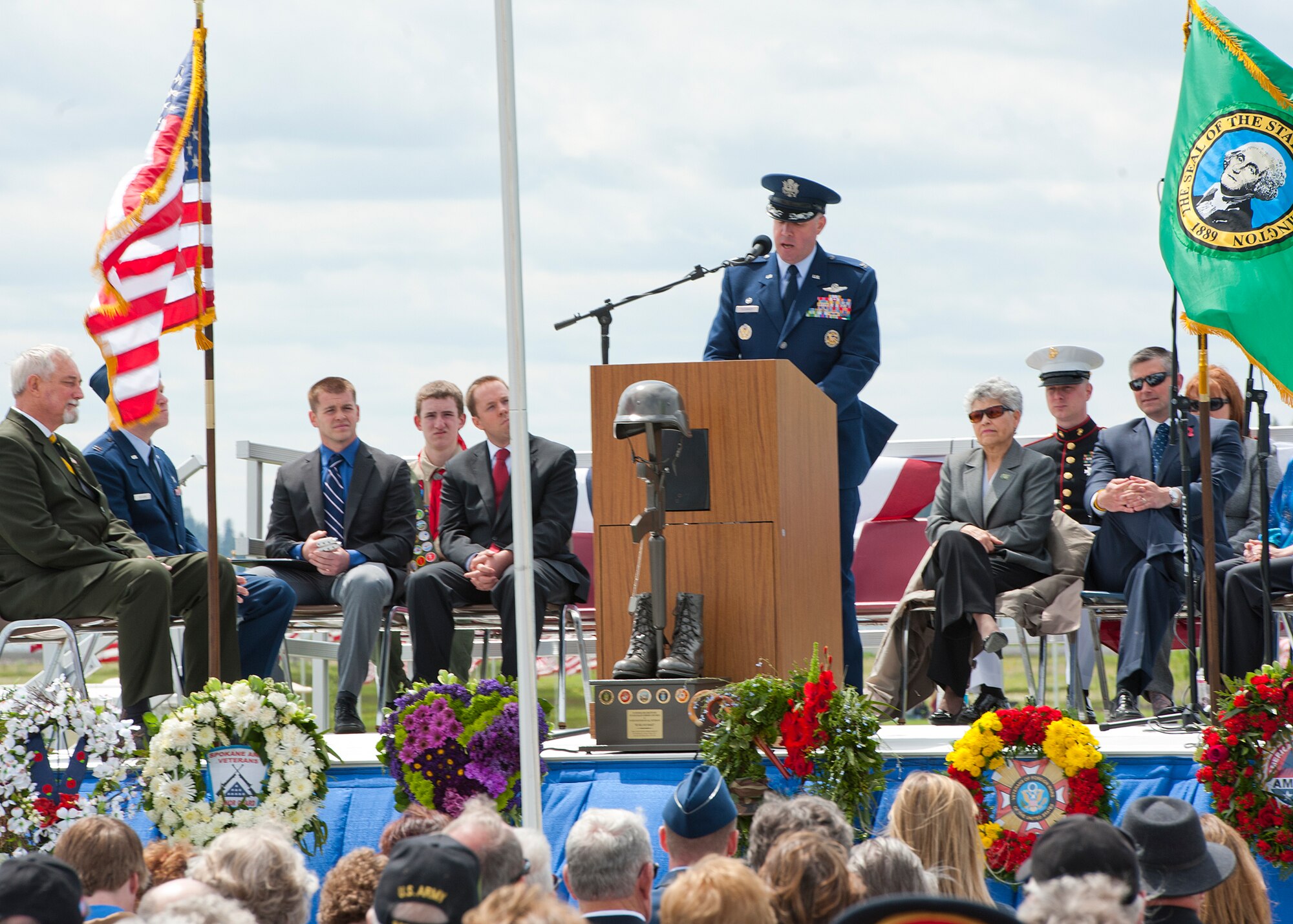 Col. Paul Guemmer, 92nd Air Refueling Wing commander, speaks at the Memorial Day celebration in the Washington State Veterans Cemetery at Medical Lake, Wash., May 28, 2012. The Washington State Veterans Cemetery services nearly 140,000 veterans and their families living in Eastern Washington. (U.S. Air Force photo by Staff Sgt. Michael Means/Released)  