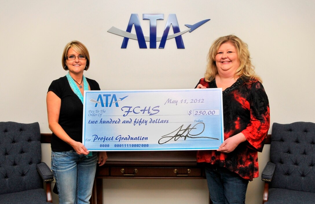 ATA E&CAC Education Chairman Christy Brunner presents a check to Franklin County High School teacher Jeannie Miller for FCHS’s Project Graduation. Project Graduation is an alcohol and drug-free party offered as a safe alternative to celebrate the end of high school. (Photo provided)