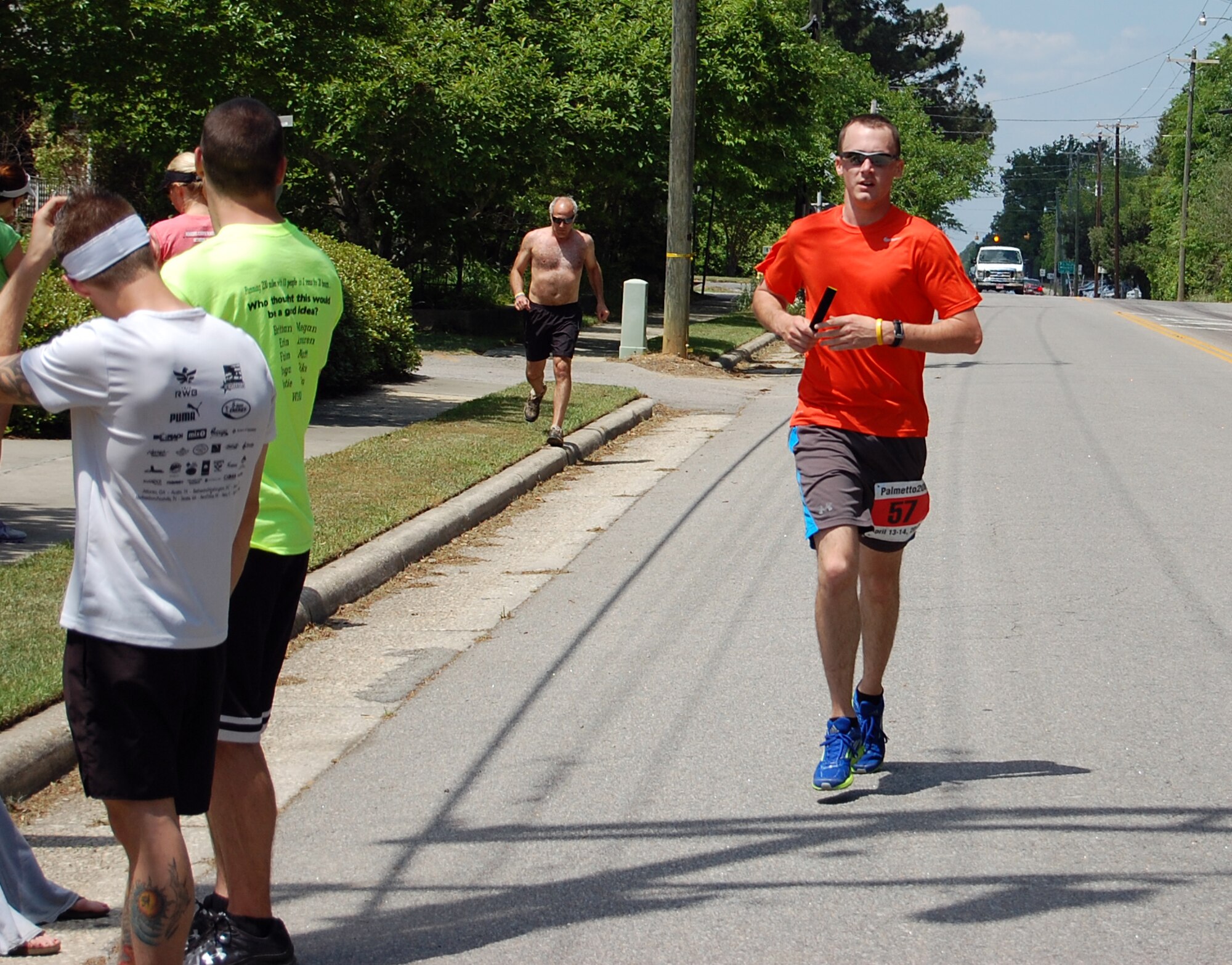 U.S. Air Force Staff Sgt. Josh Darlington, 20th Equipment Maintenance Squadron munitions control section, runs his portion of the Palmetto200 relay race from Cayce, S.C. to Folly Beach, S.C., April 13, 2012. Darlington was apart of an eleven person team called the Road Warriors Running Club of South Carolina. Darlington and his team raised roughly $800 for the Juvenile Diabetes Foundation and about $700 for the Wounded Warrior Project. (U.S. Air Force photo by Tech. Sgt. Jason Formanack/released)