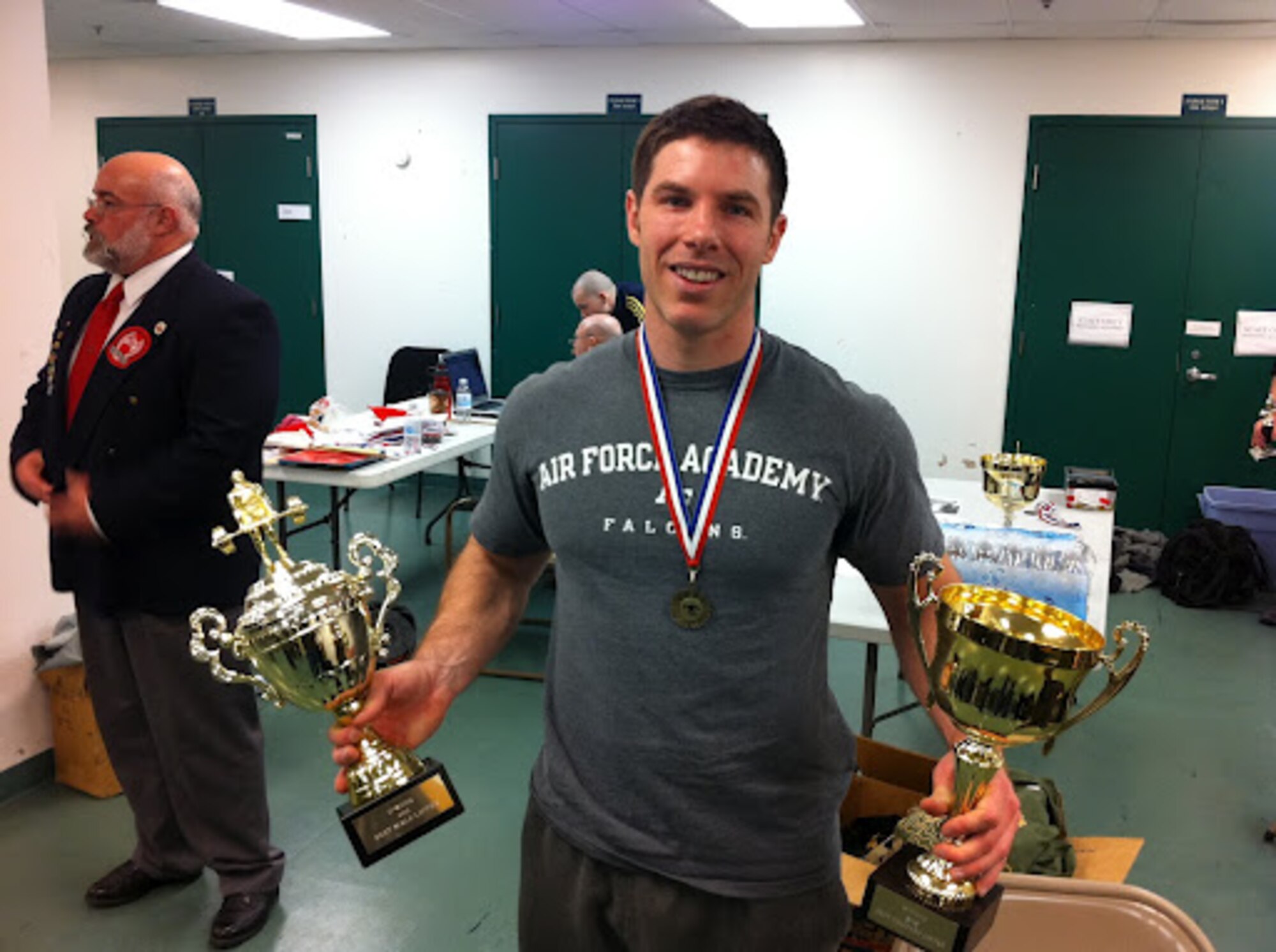 Capt. Chris Marron poses for a photo after winning the Manitoba Powerlifting Competition in February 2012. Marron will go on to compete in the International Powerlifting Classics Powerlifting World Cup scheduled for June 11-17, 2012, in Stockholm, Sweden. (U.S. Air Force courtesy photo)