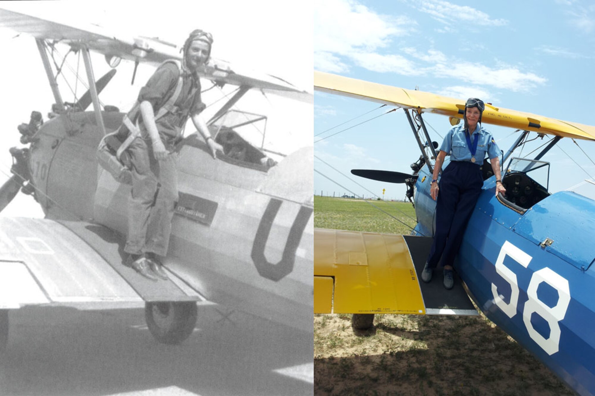 SWEETWATER, Texas -- (Left) WASP trainee Bernice "Bee" Falk Haydu preparing to fly a Stearman aircraft in 1944 at Avenger Field. (Right) Haydu pictured with her Stearman at the WASP reunion May 26. Upon graduation from the WASP training program, Haydu was stationed at Pecos Army Air Field, Texas, where she flew the AT-17 and UC-78. (Courtesy photos)
