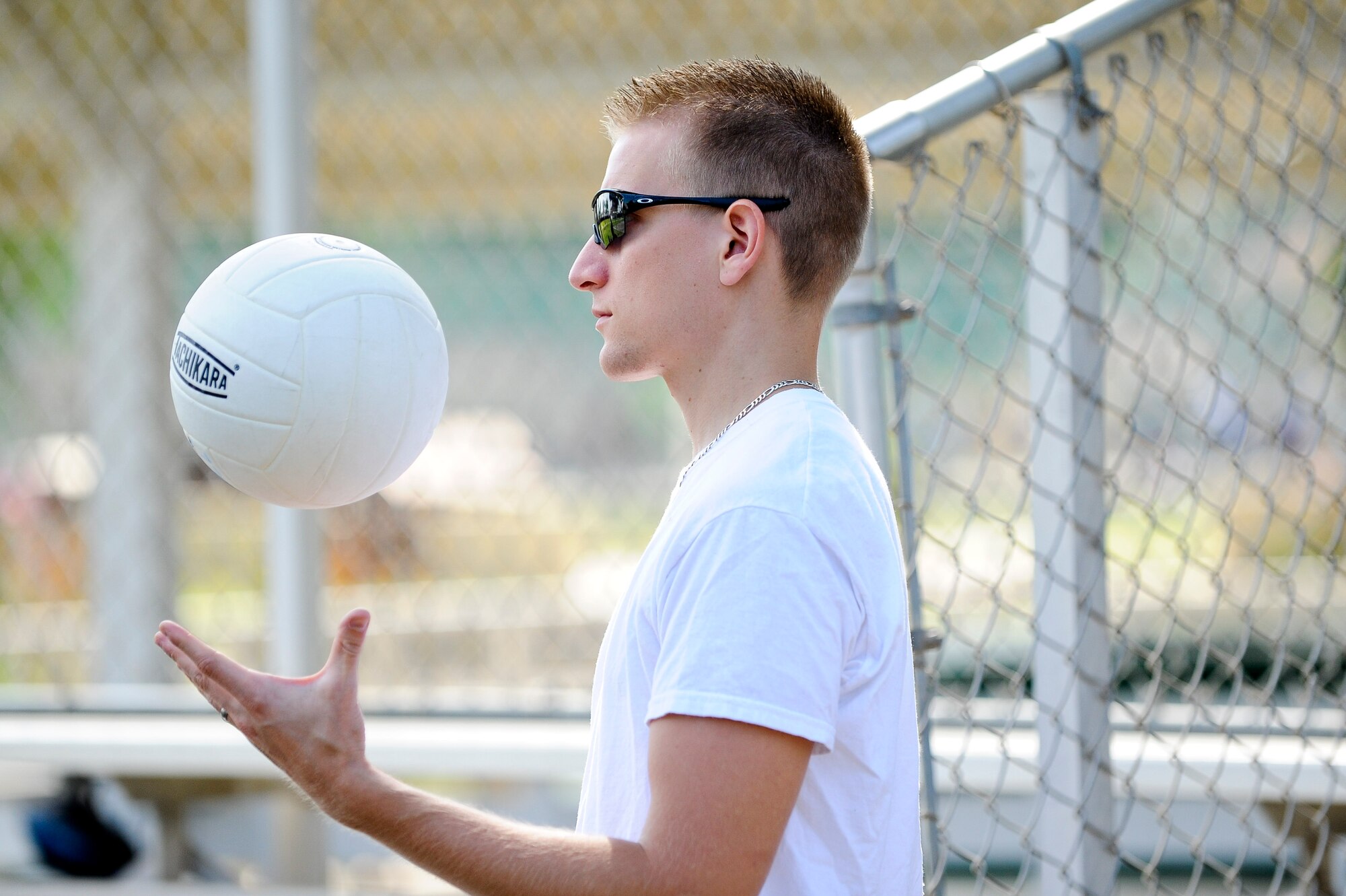 Christopher Tolczyk, 39th Logistics Readiness Squadron, prepares for a volleyball game during the 39th Air Base Wing Sports Day June 1, 2012, at Incirlik Air Base, Turkey. Sports day was an event that brought Airmen together through sports and recreation. Airmen from several squadrons competed in friendly games of volleyball, softball, basketball, kickball, dodgeball and tug-of-war. (U.S. Air Force photo by Senior Airman Jarvie Z. Wallace/Released)
