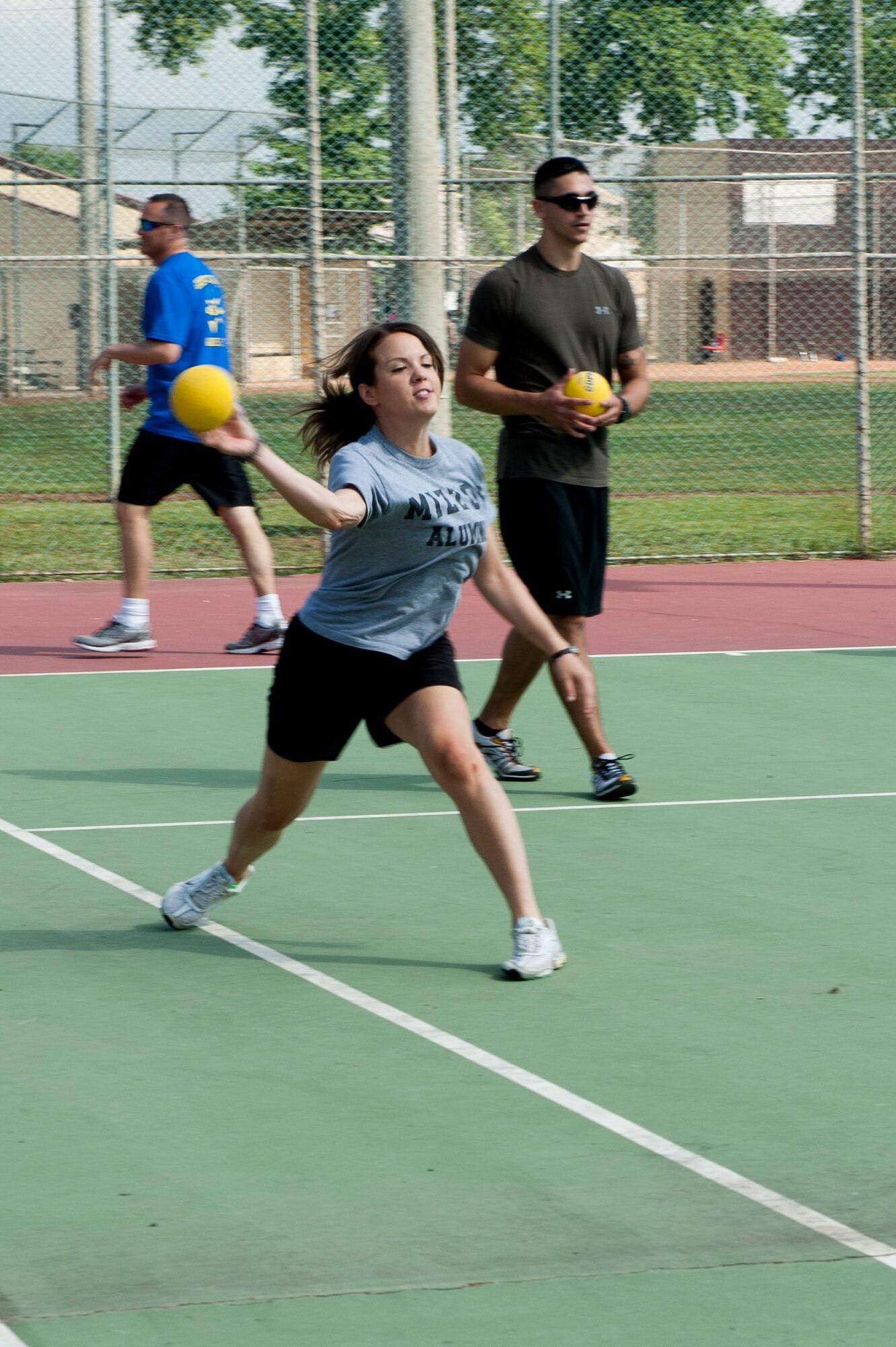 Stacy Anderson, 39th Operations Squadron, hurls a dodgeball during the 39th Air Base Wing Sports Day June 1, 2012, at Incirlik Air Base, Turkey. The 39th OS team reigned supreme over the 39th Logistics Readiness Squadron. (U.S. Air Force photo by Senior Airman Anthony Sanchelli/Released)
