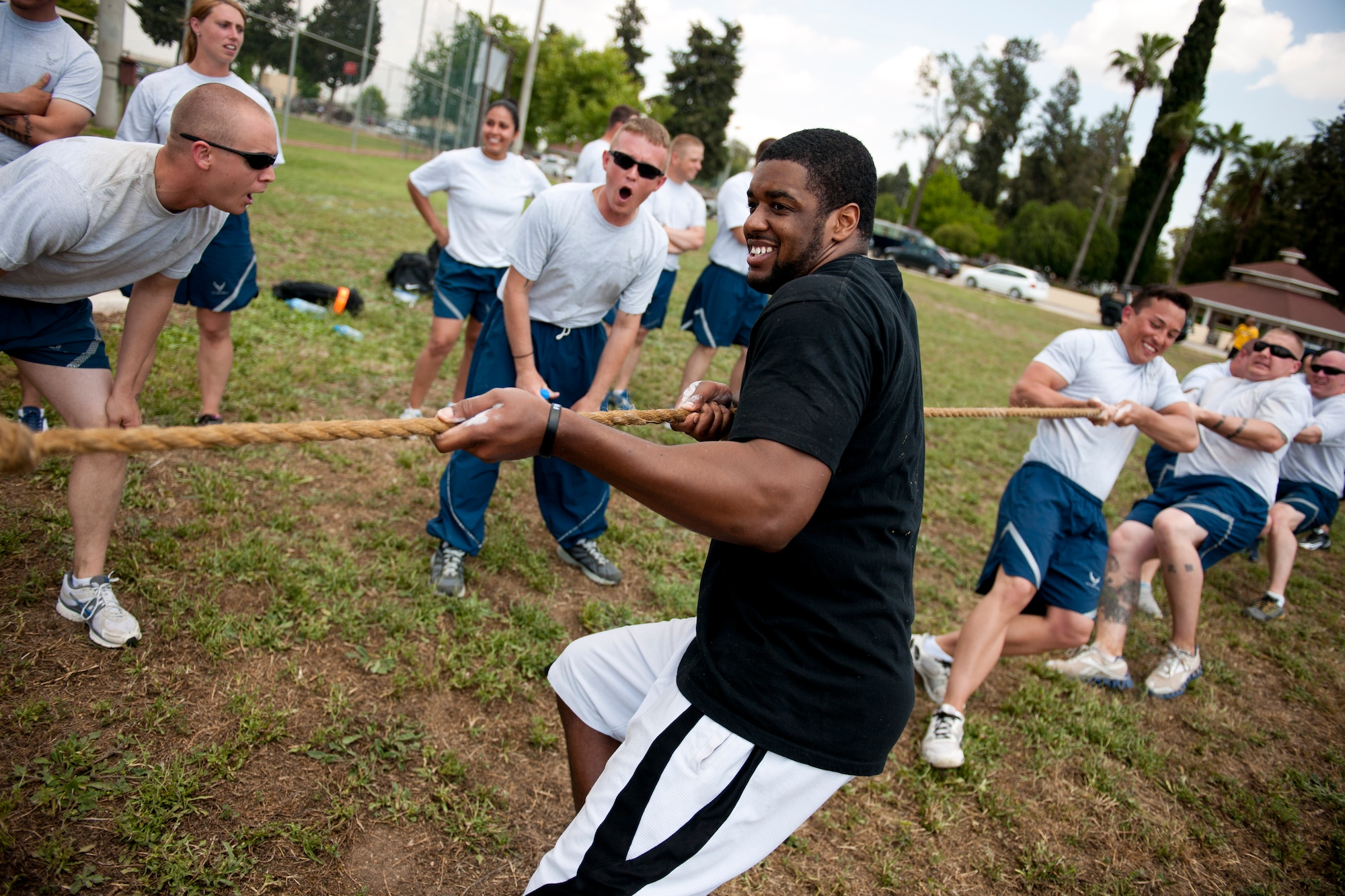 The 39th Security Forces Squadron team competes in a tug-of-war match during the 39th Air Base Wing Sports Day June 1, 2012, at Incirlik Air Base, Turkey. The 39th SFS team took first place overall for tug-of-war. (U.S. Air Force photo by Tech. Sgt. Michael B. Keller/Released)