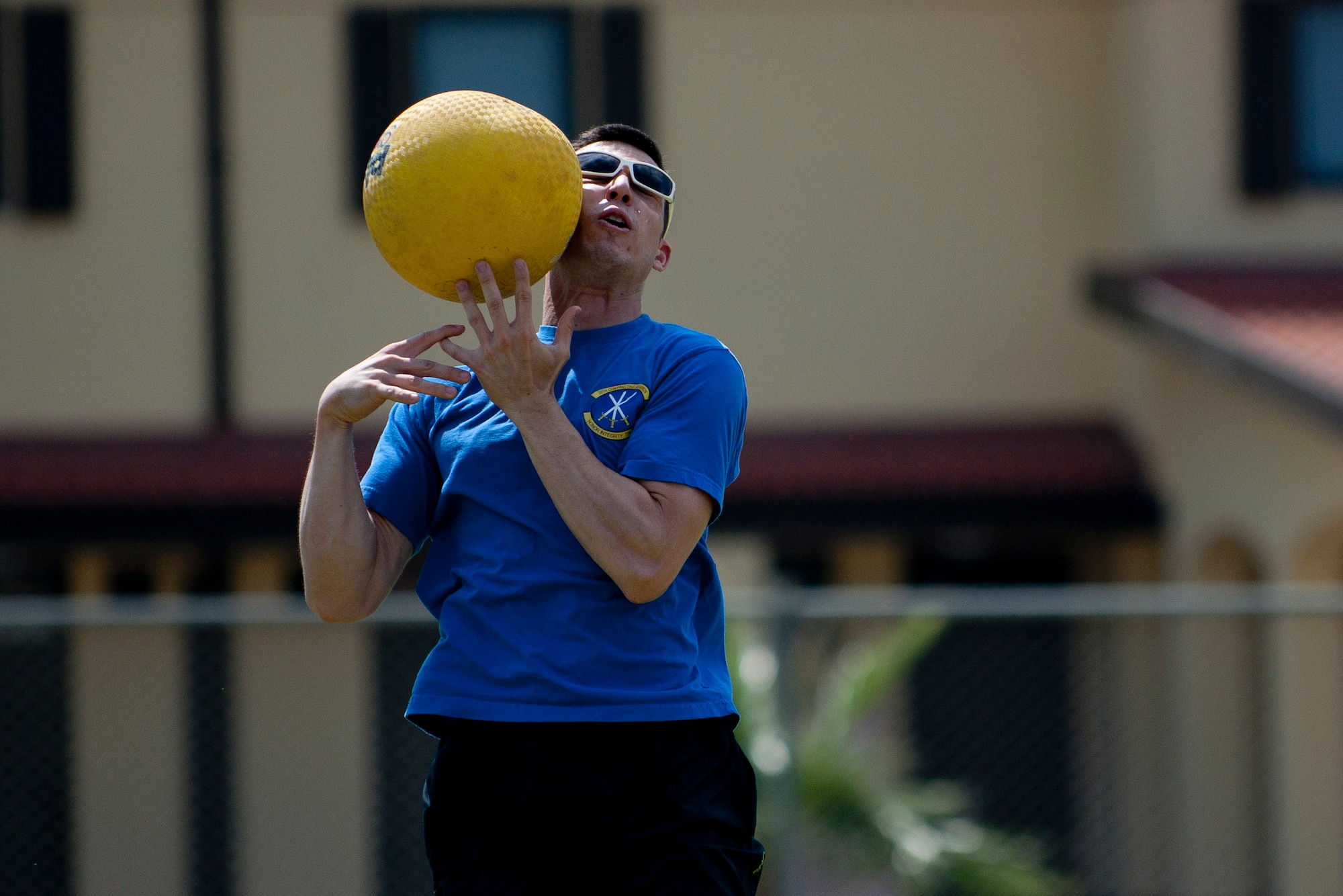 Jason Rimer, 39th Contracting Squadron, jumps to catch a kickball during the 39th Air Base Wing Sports Day June 1, 2012, at Incirlik Air Base, Turkey. The 39th CONS team lost to the 39th Security Forces Squadron team 10-11. (U.S. Air Force photo by Tech. Sgt. Michael B. Keller/Released)