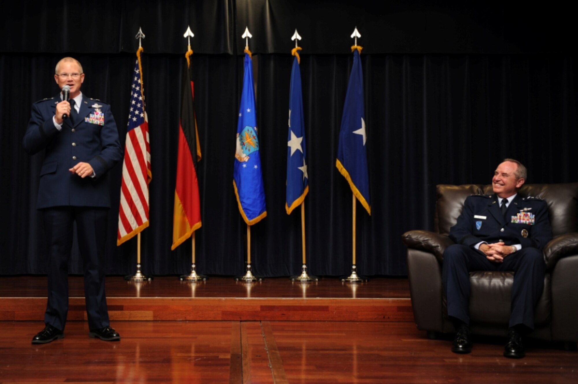 SPANGDAHLEM AIR BASE, Germany – Col. Chris Weggeman, 52nd Fighter Wing commander, speaks during a ceremonial pin-on at the Club Eifel ballroom here June 1. Airmen, family and friends attended the ceremony to celebrate Weggeman’s promotion to the rank of brigadier general, which is effective June 5. (U.S. Air Force photo by Airman 1st Class Matthew B. Fredericks/Released)