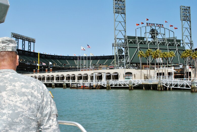 SAN FRANCISCO, Calif. -- Disabled veterans toured the San Francisco Bay as part of a recreational therapy program May 29. U.S. Army Corps of Engineers San Francisco District Commander Lt. Col. Torrey DiCiro (left), invited the wounded warriors aboard the vessel which toured the bay past the Golden Gate Bridge, Alcatraz and AT&T Park.