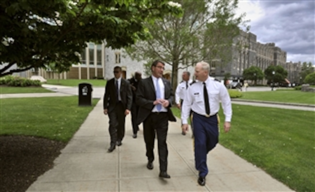 Deputy Secretary of Defense Ashton B. Carter is escorted to his helicopter by Col. Michael Meese after delivering remarks to attendees of the Senior Conference XLIX at the United States Military Academy at West Point, N.Y., on June 4, 2012.  The conference provides a forum for distinguished representatives from the private sector, government, academia, the think-tank community, and the joint military services to discuss topics of national security importance.  