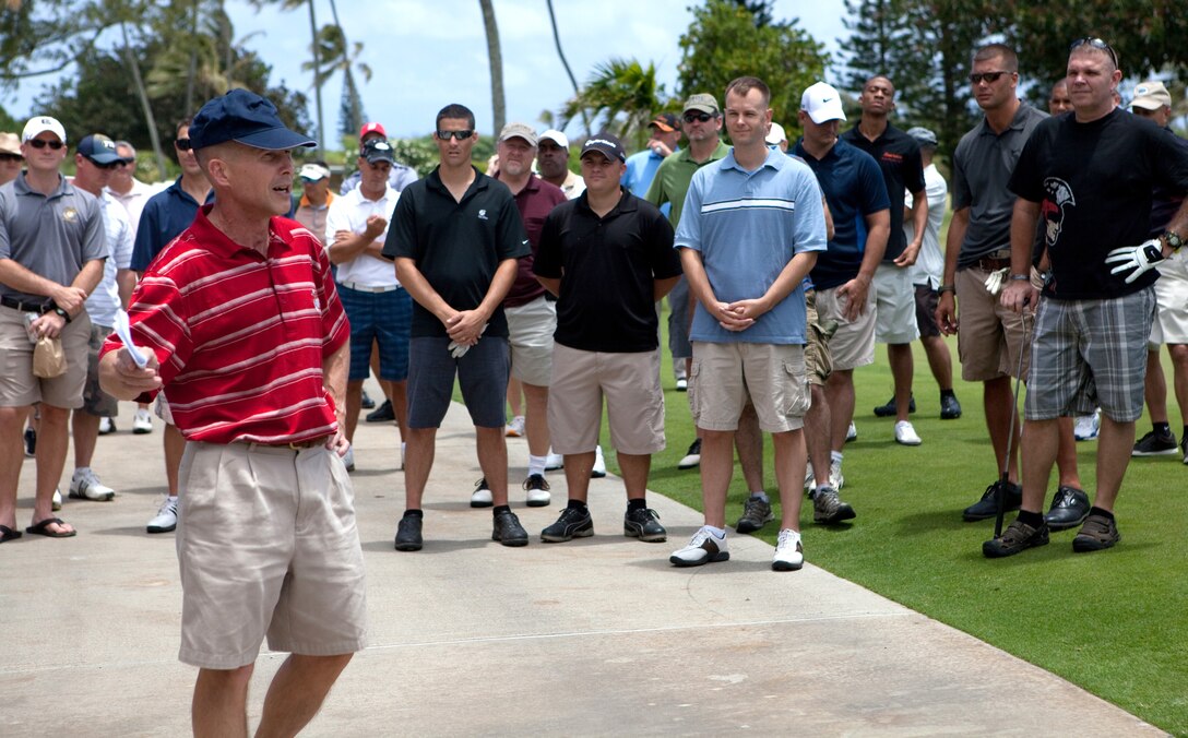 MARINE CORPS BASE, Hawaii – Brig. Gen. Ronald F. Baczkowski, deputy commanding general for U.S. Marine Corps Forces, Pacific, speaks to the field of competitors prior to the start of the 4th Annual MarForPac Golf Tournament at Kaneohe Klipper Golf Course here, June 1. “This event supports camaraderie right here and now, but it also supports fundraising for our Marine Corps ball in November,” said Baczkowski. Thirty-six four-person teams registered for the tournament. The afternoon golf outing gave MarForPac service members and civilian personnel a unique opportunity to build unit cohesion outside the workplace.