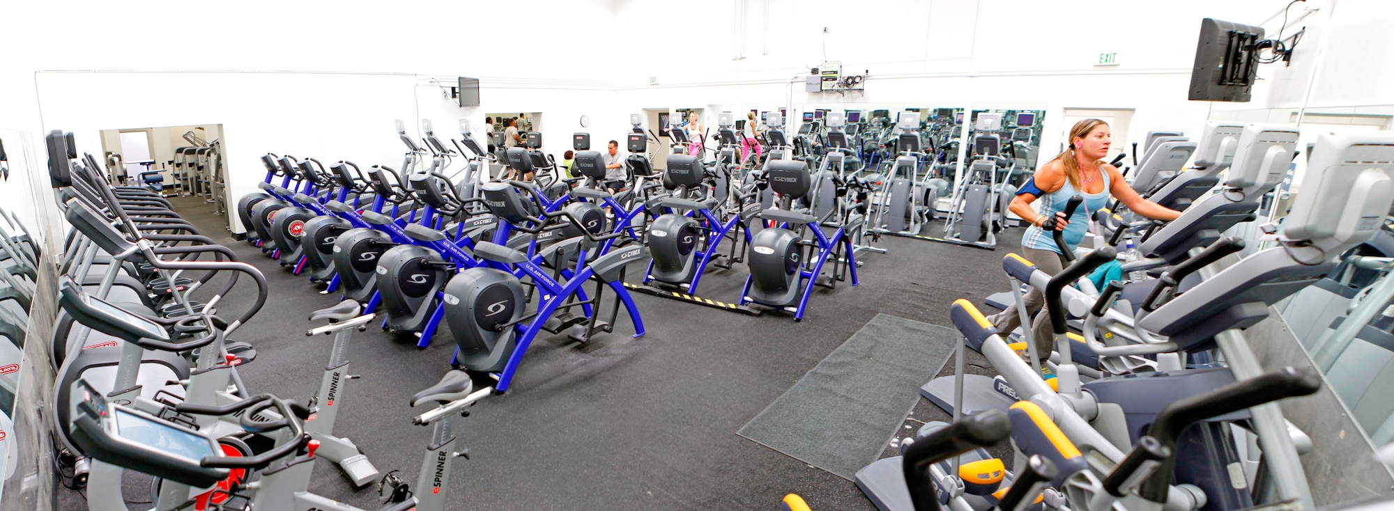 Panoramic view of the Cardio room in the Rosburg Fitness Center. The Cardio Room is just one of the many areas in the main fitness center that were upgraded as part of the final installment in a series of minor upgrades to fitness center facilities at Edwards Air Force Base, Calif. (U.S. Air Force photo by Jet Fabara)