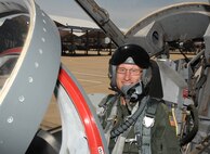 Alan Clepper, an honorary commander with the 32nd Flying Training Squadron at Vance Air Force Base, Okla., prepares for his orientation flight in a T-38 Talon training aircraft June 5. Clepper, an on-air personality with radio station KOFM in Enid, Okla., flew with Col. Russ Mack, the 71st Flying Training Wing commander in the front seat. (U.S. Air Force photo/ Airman 1st Class Frank Casciotta)