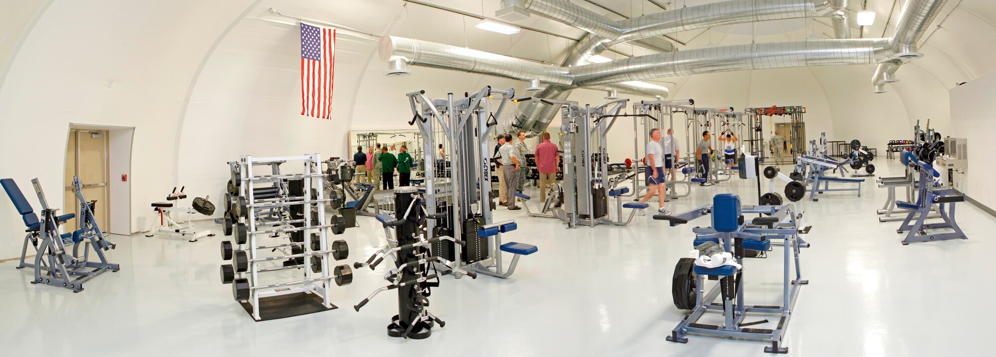 Panoramic view of the new High Intensity and Free Weight workout facility at Edwards Air Force Base, Calif., which had its grand opening June 4 near the Rosburg Fitness Center. (U.S. Air Force photo by Jet Fabara)