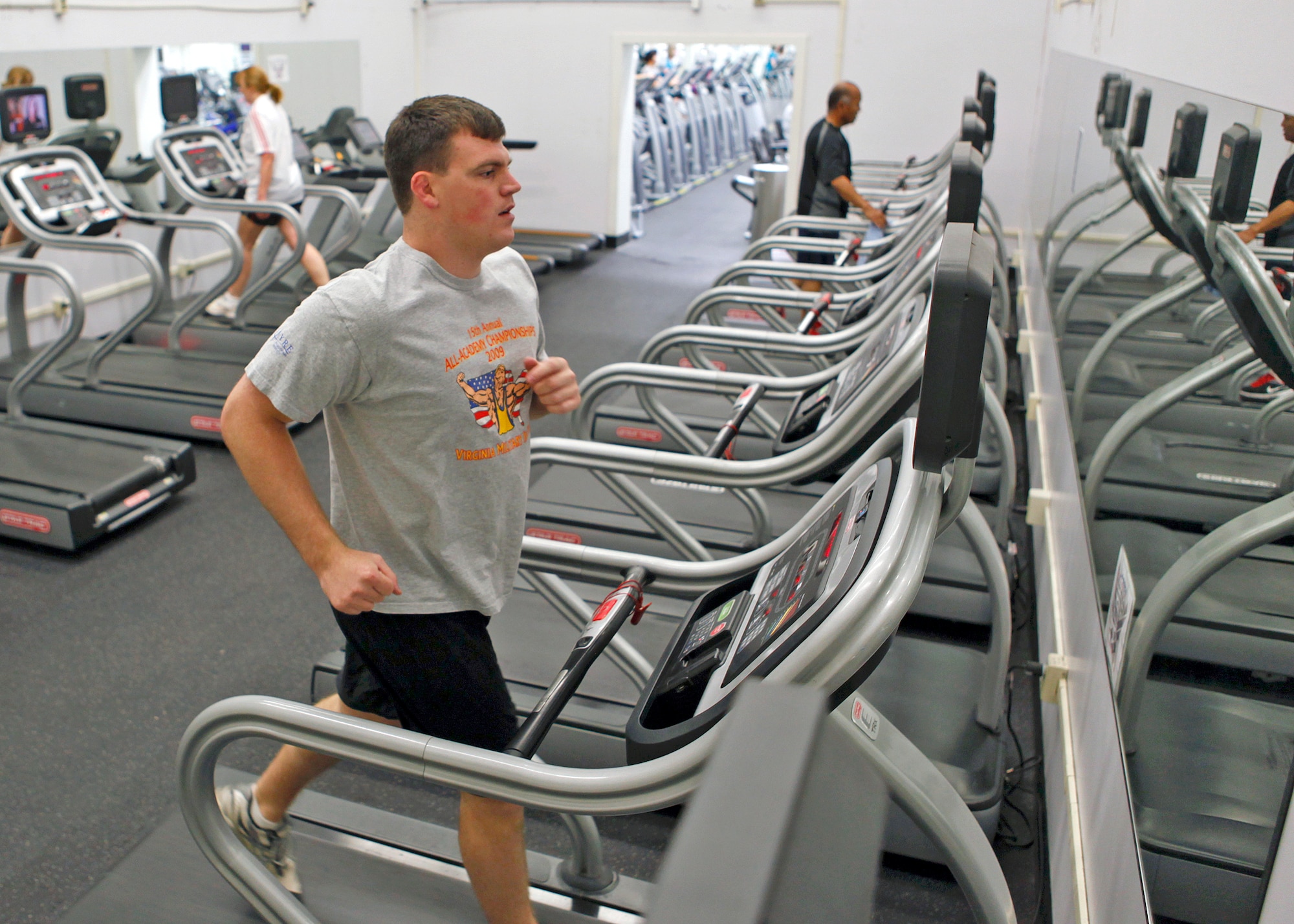 1st Lt. James Ciccone, Air Force Flight Test Center Contracting Office contract specialist, finishes up his workout in the Treadmill room at the Rosburg Fitness Center. The Treadmill Room is just one of the many areas in the main fitness center that were upgraded as part of the final installment in a series of minor upgrades to fitness center facilities at Edwards Air Force Base, Calif. (U.S. Air Force photo by Jet Fabara)