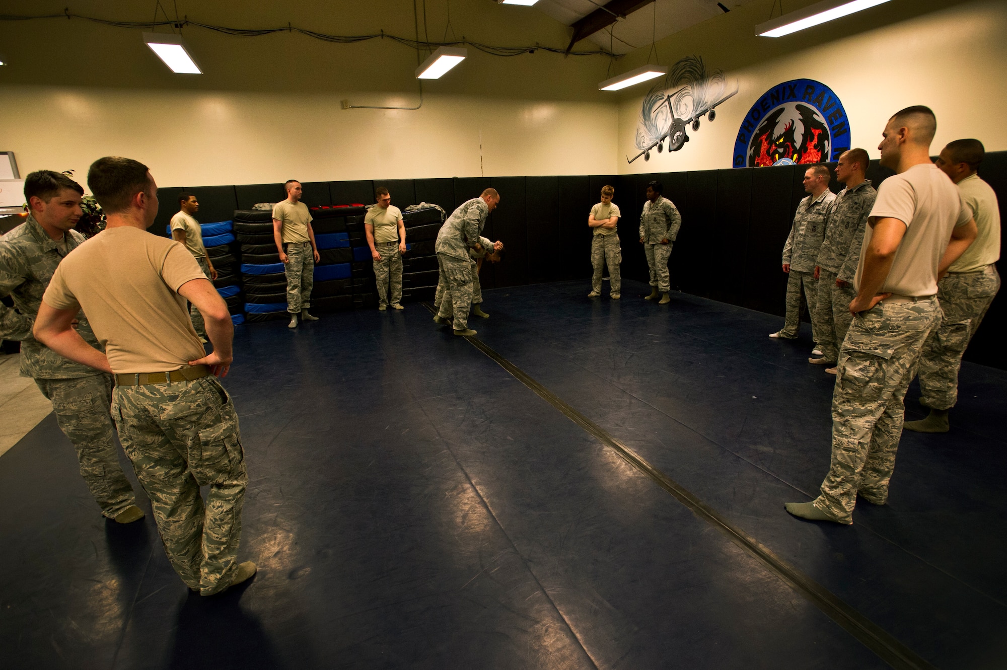 Airmen from the 628th Security Forces Squadron train together using Personal Apprehension Restraint Techniques and Mechanical Advantage Control Hold training at the combat arms building, at Joint Base Charleston - Air Base, S.C., June 5, 2012. The training is an annual requirement for the Airmen in case of a physical situation while on duty. (U.S. Air Force photo by Airman 1st Class George Goslin)