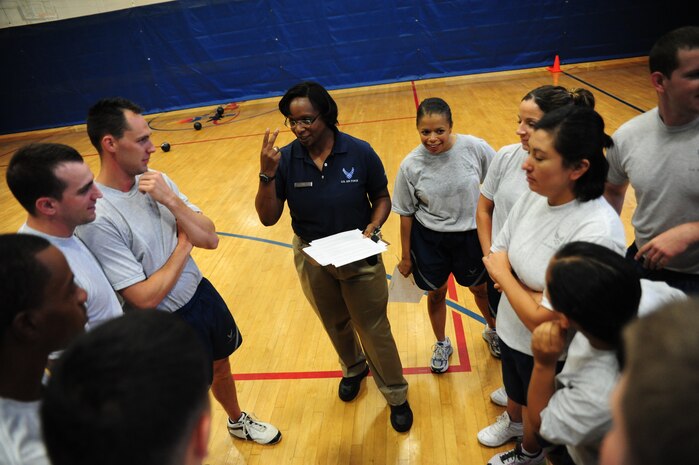 Master Sgt. Brenda McLain, 628 Force Support Squadron Fitness Center section chief out of Joint Base Charleston, S.C., explains dodge ball rules, June 1, 2012. In the past 10 years, it is estimated more than 66,000 Airmen have participated in the Fitness/Sports Challenge. (U.S. Air Force photo/ Airman 1st Class Chacarra Walker)