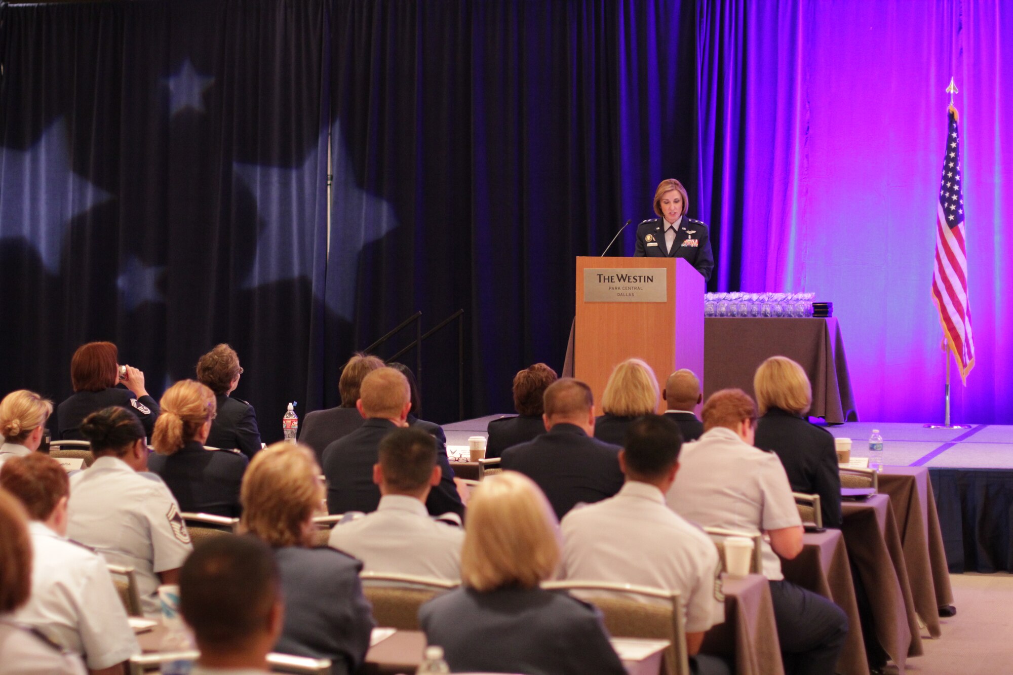 Maj. Gen. Kimberley A. Siniscalchi, Assistant Air Force Surgeon General, Medical Force Development and Assistant Air Force Surgeon General, Nursing Services  spoke to Air Force Nursing Services leaders from the Active Duty, Air National Guard and Reserve components during the 15th annual Executive Leadership Symposium and workshop on Apr. 24, 2012. The theme is Back to Basics: The Art and Science of Nursing. (Photo by 1st Lt. Mark Pomerleau) 