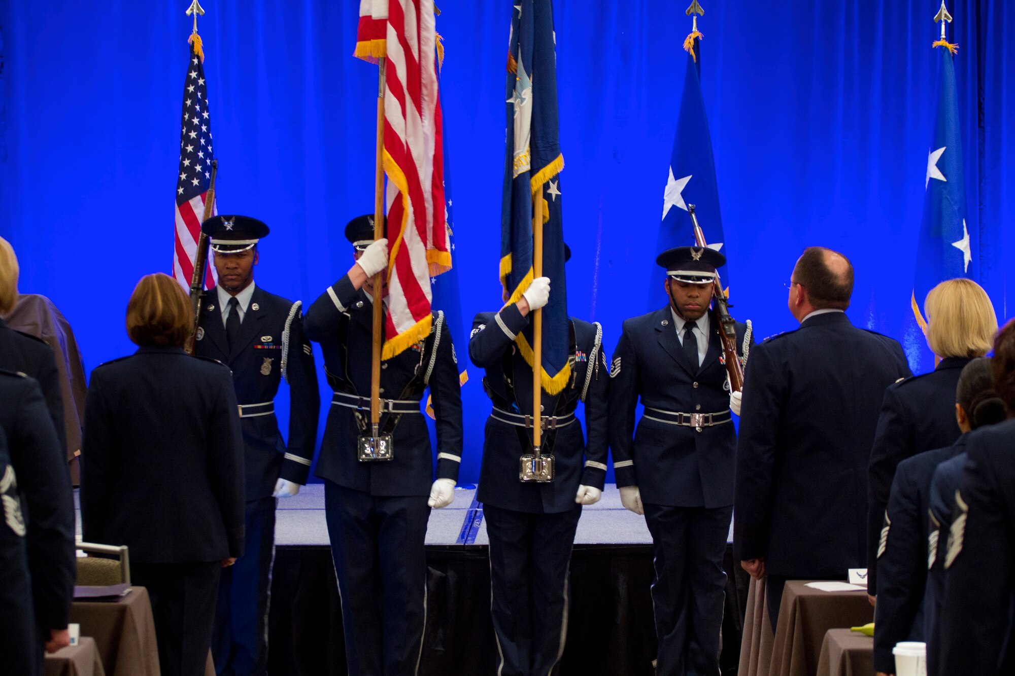 The Honor Guard performs while Air Force Nursing Services leaders from the Active Duty, Air National Guard and Reserve components meet during the 15th annual Executive Leadership Symposium and workshop on Apr. 24, 2012. The theme is Back to Basics: The Art and Science of Nursing. (Photo by 1st Lt. Mark Pomerleau) 