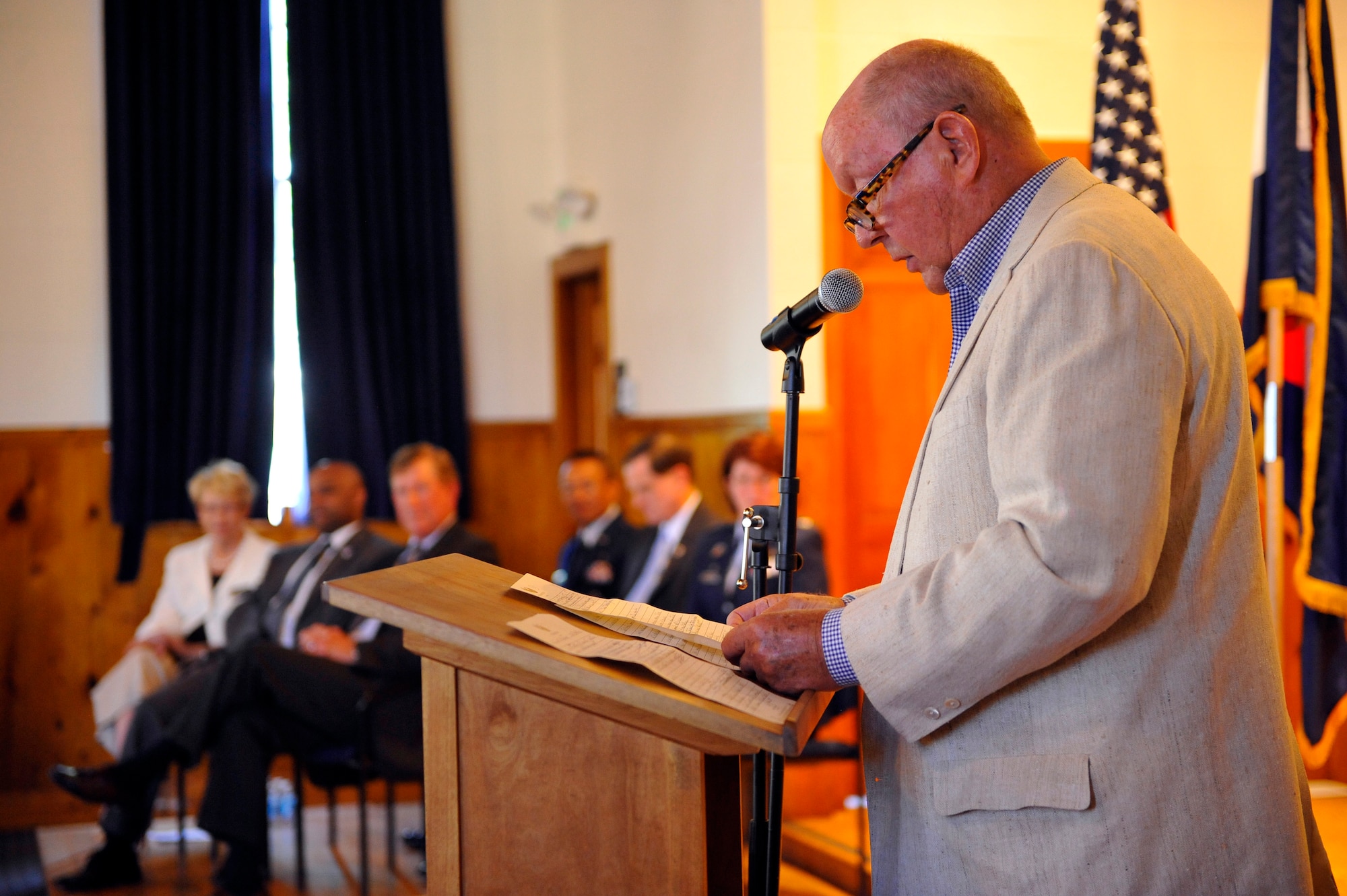 DENVER, Colo. – David Herlinger, Lowry Economic Redevelopment Authority Board of Directors chair, speaks at a transfer ceremony May 31, 2012. Since the closure of Lowry AFB in 1994, 1,866 acres have been transferred to the Lowry Economic Redevelopment Authority. (U.S. Air Force photo by Staff Sgt. Kathrine McDowell)