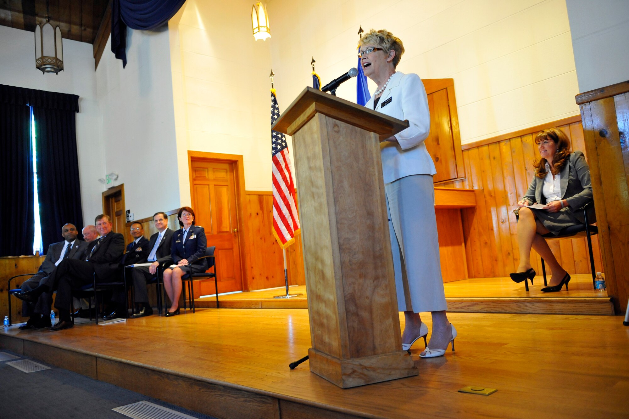 DENVER, Colo. – Mary Beth Susman, Denver District 5 councilwoman, gives remarks at the transfer ceremony of the former Buckley Annex May 31, 2012. Buckley Annex is the last parcel of land of Lowry AFB to be turned over to Denver. It will be developed as part of Lowry, a mixed-used community. (U.S. Air Force photo by Staff Sgt. Kathrine McDowell)