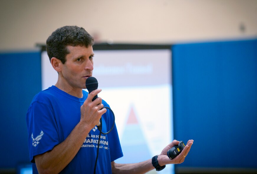 U.S. Air Force Lt. Col. Mark Cucuzzella, Air Force Marathon medical consultant and Efficient Running Program subject matter lead, talks about aerobic training during the classroom portion of a running clinic at Moody Air Force Base, Ga., May 30, 2012. Cucuzzella stressed the importance of building a solid aerobic base that incorporated speed workouts before an event. (U.S. Air Force photo by Airman 1st Class Jarrod Grammel/Released)
