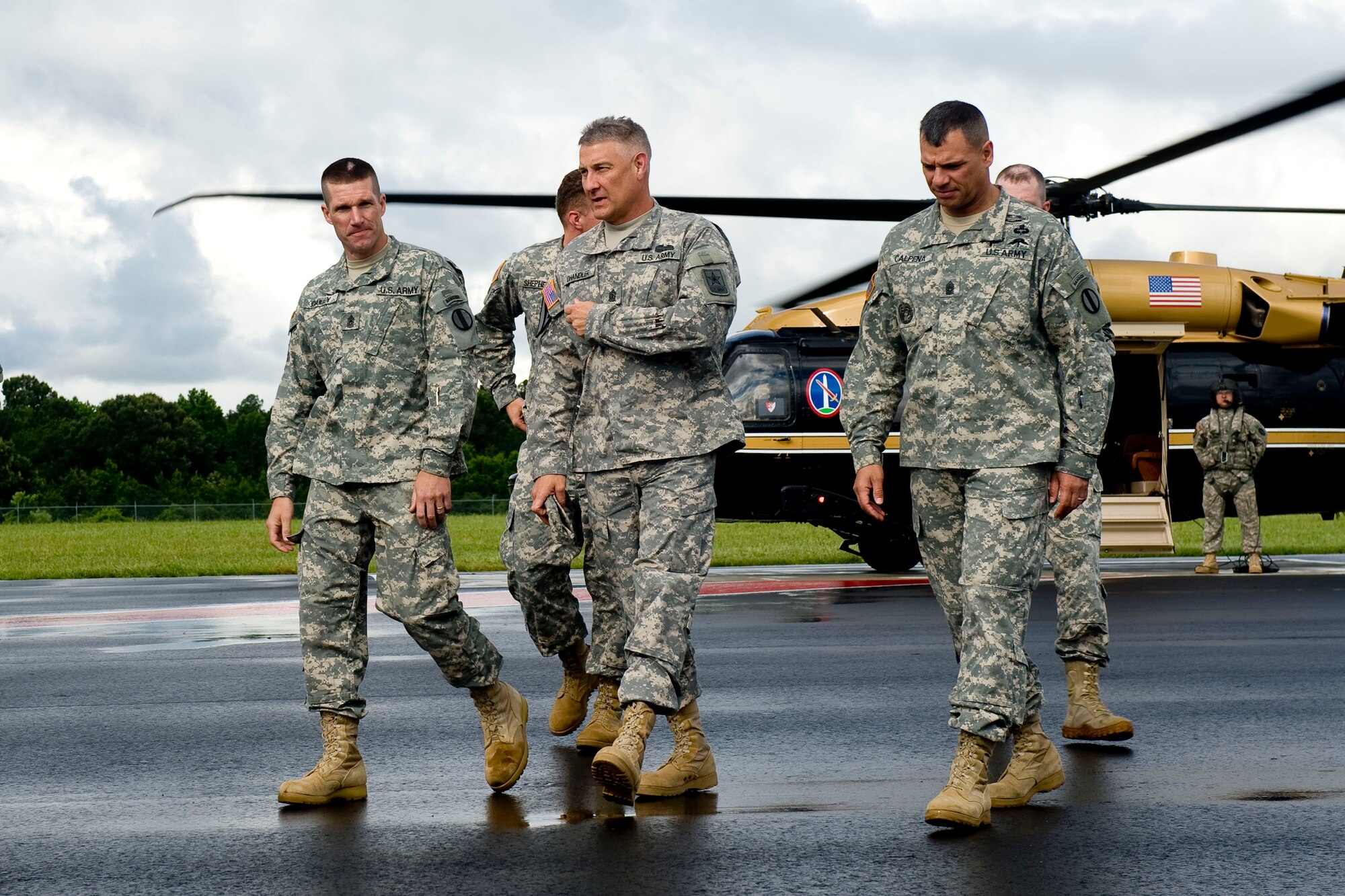 Sergeant Maj. of the Army Raymond F. Chandler III arrives at the Felker Army Airfield at Ft. Eustis, Va., June 5, 2012. While visiting, Chandler attended the Basic Officer’s Leadership Course Conference and spoke with soldiers from the 7th Sustainment Brigade and the 128th Aviation Bde. (U.S. Air Force photo by Senior Airman John D. Strong II/Released)