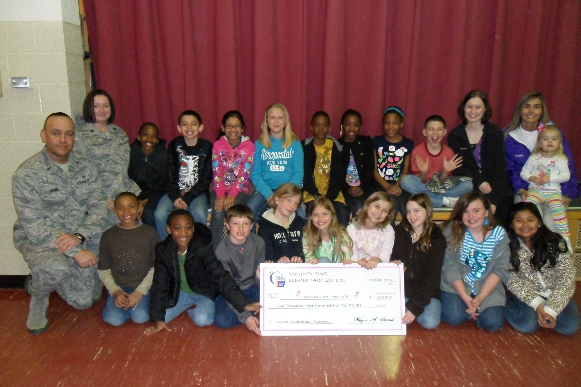 MINOT AIR FORCE BASE, N.D. -- Mrs. Thorlakson's 4th grade class here was awarded for "Most Money" raised towards the fight against cancer during the North Plains Elementary School's third Annual Penny War Competition. (Courtesy photo)

