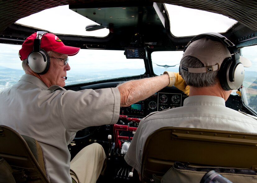 Rick Fernalld and Neil Morrison, Experimental Aircraft Association B-17 pilots, fly the Aluminum Overcast over Spokane Valley, Wash., May 29, 2012. Members of Team Fairchild had the unique opportunity to tour the B-17 from June 1 to 3, 2012. The Aluminum Overcast started touring the United States in 1994. (U.S. Air Force photo by Staff Sgt. Michael Means/Released)   