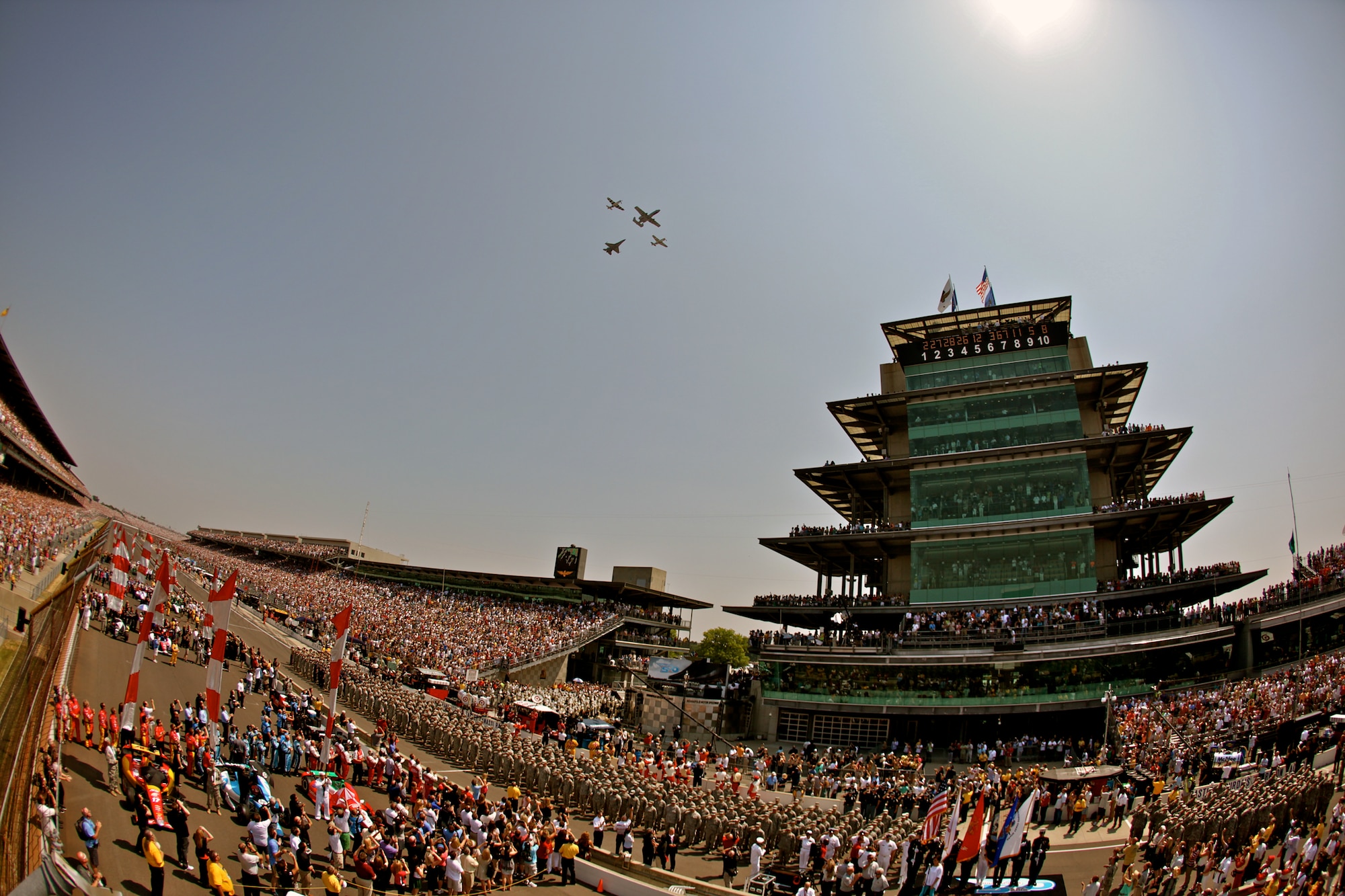 U.S. Air Force Maj. Andrew Congdon, 20th Fighter Wing F-16 Fighting Falcon pilot, took part in a heritage flyover during the opening ceremony of the Indianapolis 500 at the Indianapolis Motor Speedway May 27, 2012 .Congdon joined an A-10 from Davis-Monthan AFB, Ariz. and two P-51 aircraft from the Air Force Heritage Flight Foundation to perform the four-ship demonstration. (Courtesy photo)


