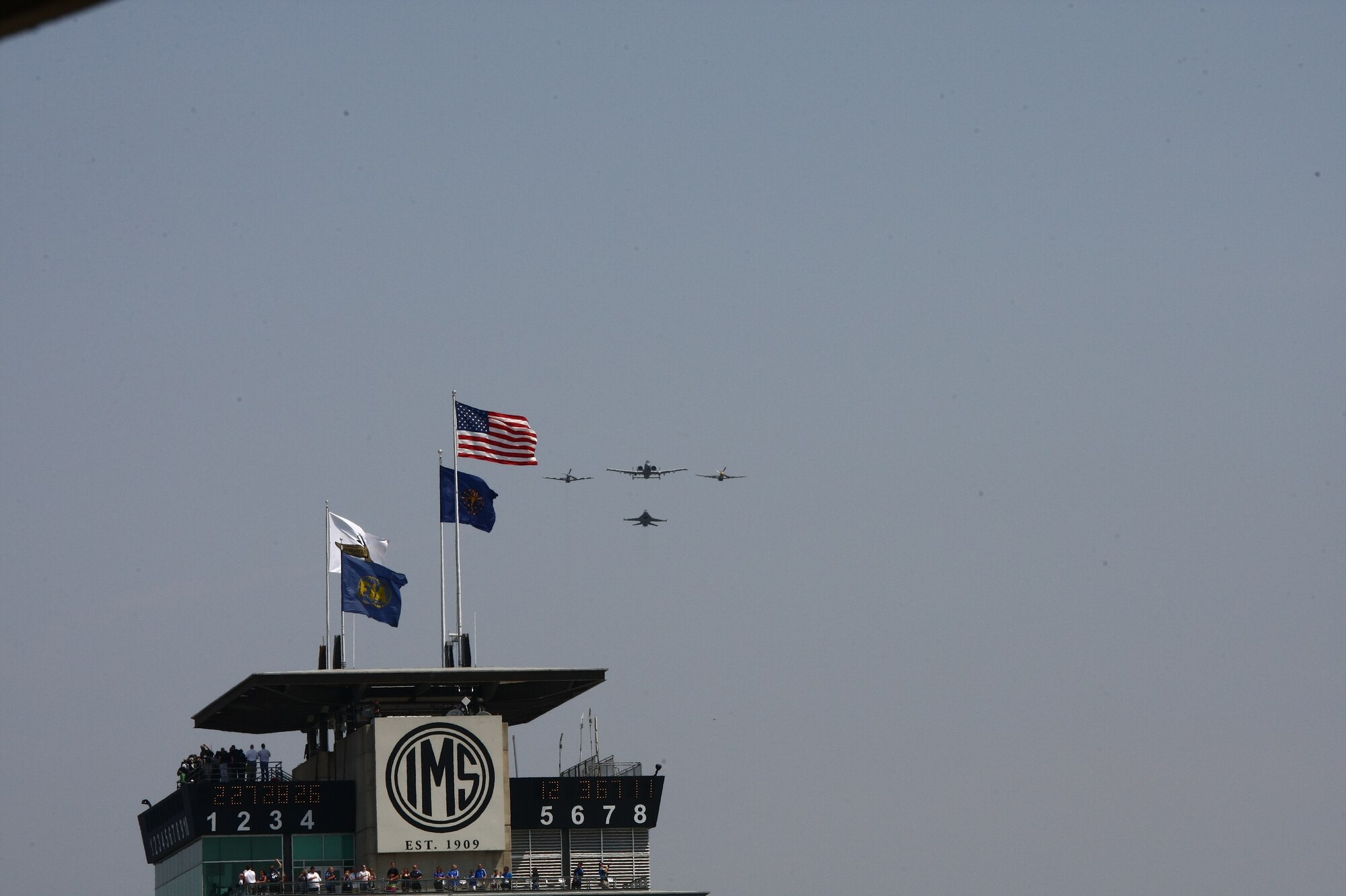 U.S. Air Force Maj. Andrew Congdon, 20th Fighter Wing F-16 Fighting Falcon pilot, took part in a heritage flyover during the opening ceremony of the Indianapolis 500 at the Indianapolis Motor Speedway May 27, 2012 .Congdon joined an A-10 from Davis-Monthan AFB, Ariz. and two P-51 aircraft from the Air Force Heritage Flight Foundation to perform the four-ship demonstration. (Courtesy photo)

