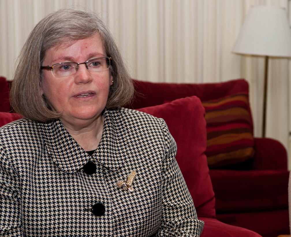 Holly Petraeus, Consumer Financial Protection Bureau Office of Servicemember Affairs director, answers questions during a media interview at Ellsworth Air Force Base, S.D., May 30, 2012, prior to a financial issues town hall meeting. These meetings provided Airmen with information about a variety of financial issues, ranging from predatory lending to financial issues unique to military members. (U.S. Air Force photo by Airman 1st Class Zachary Hada/Released)