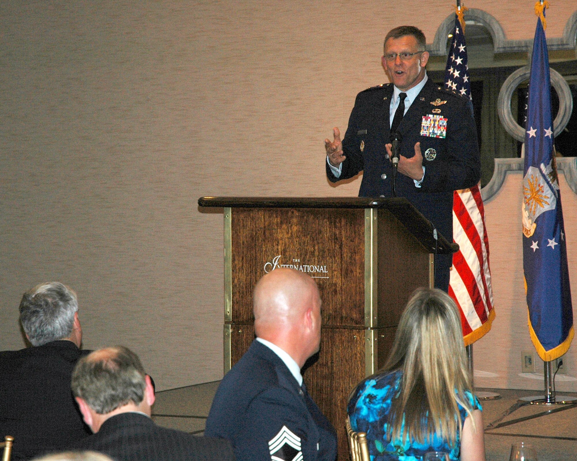 BOLTON, Mass. - Lt. Gen. Frank Gorenc, Assistant Vice Chief of Staff and Director of Air Staff at Headquarters U.S. Air Force, speaks at the annual Air Force Chief of Staff Scholarship Dinner sponsored by the Paul Revere Chapter of the Air Force Association and the Patriots’ Roost Chapter of the Association of Old Crows on May 30 at the International Country Club. Following his speech, the general presented scholarships on behalf of both associations to seven individuals totaling $16,000. (U.S. Air Force photo by J.C. Corcoran)