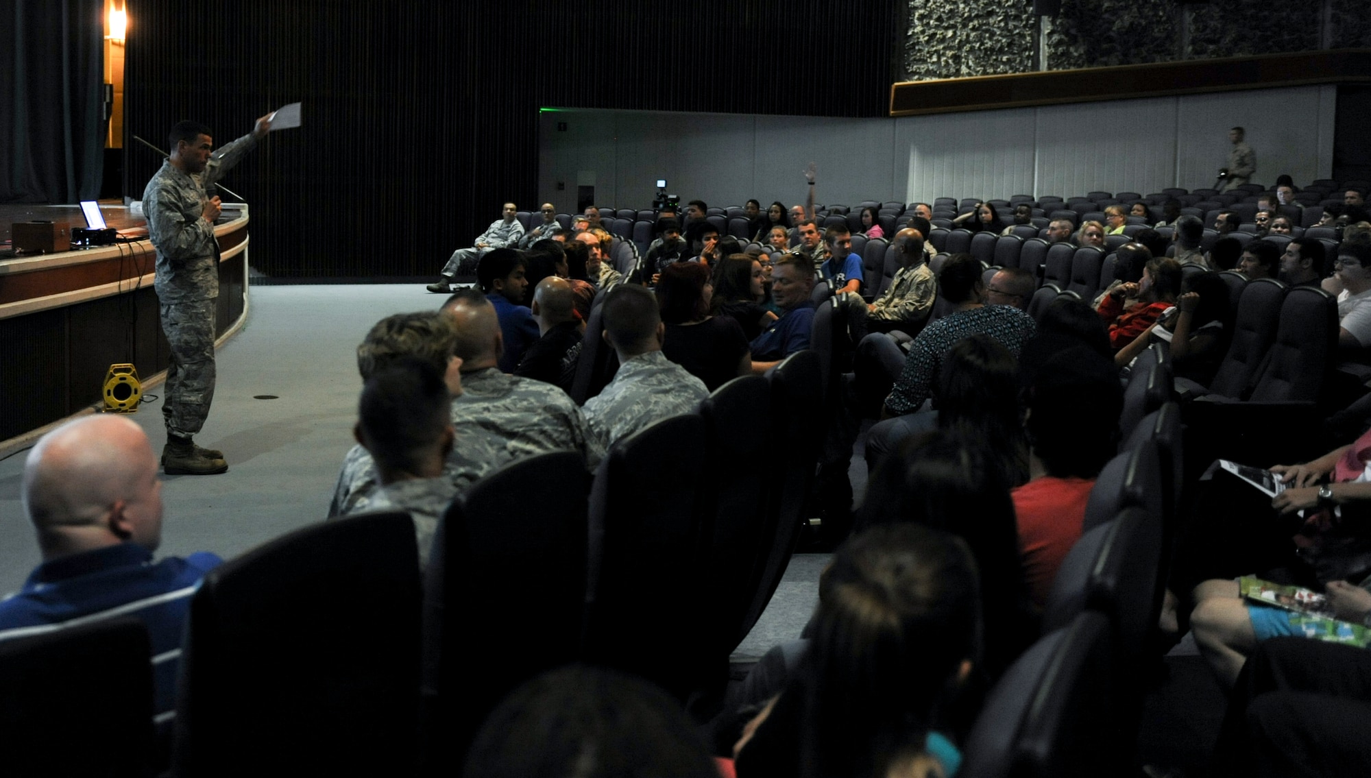 Brig. Gen. Matthew Molloy, 18th Wing commander, talks to military members, parents and students about the use of spice on base, June 5, 2012 on Kadena Air Base, Japan. The Air Force has a zero tolerance for the use of spice amongst its members and their family. (U.S. Air Force photo/ Airman 1st Class Brooke P. Beers)