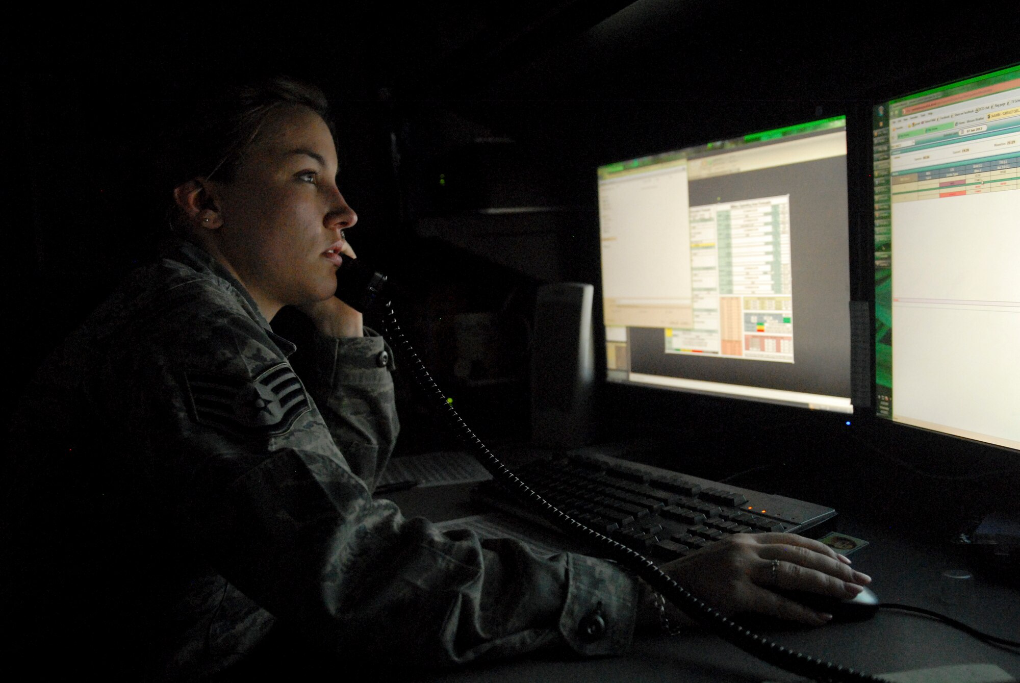 U.S. Air Force Staff Sgt. Lauren Snyder, 18th Operations Support Squadron weather forecaster, speaks with a customer over the phone on the weather update for the following day on Kadena Air Base, Japan, June 6, 2012. Weather forecasters continually monitor the weather to provide up-to-date mission support. (U.S. Air Force photo/Airman 1st Class Hailey R. Davis)