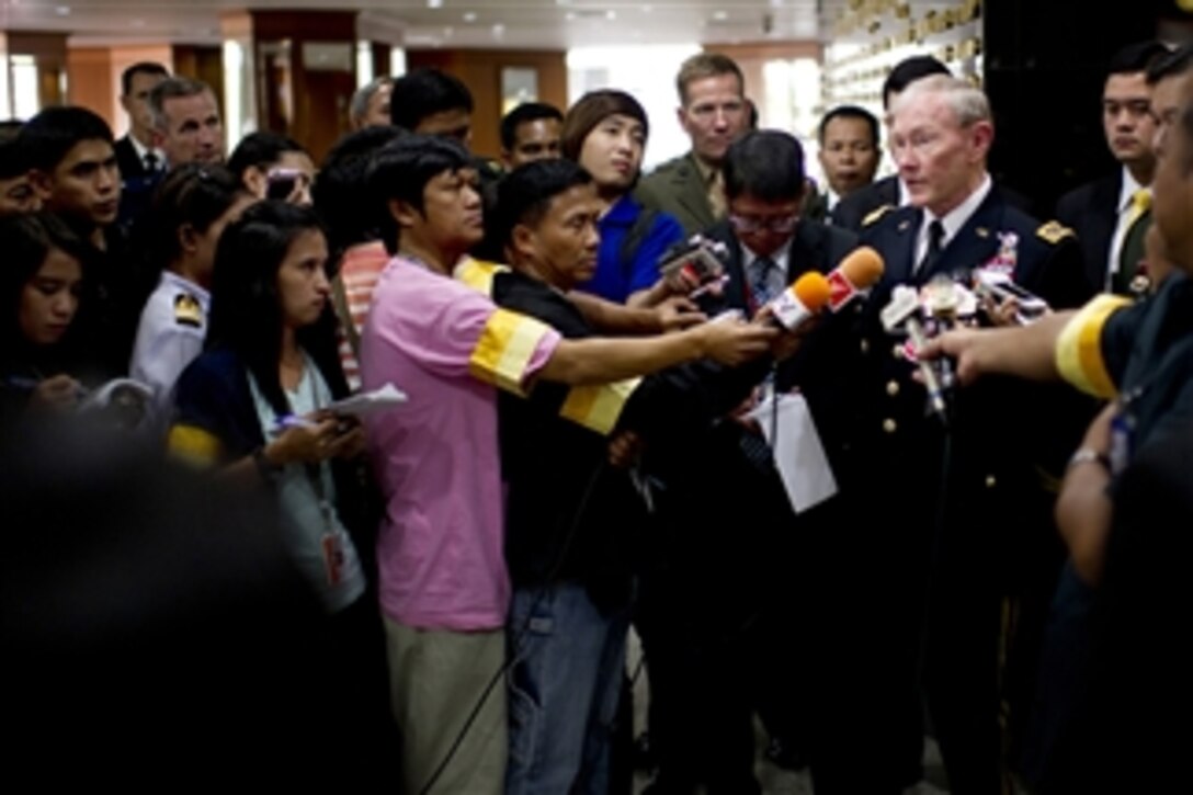 Chairman of the Joint Chiefs of Staff Gen. Martin E. Dempsey addresses questions from the media during his visit in Bangkok, Thailand, June 5, 2012.  