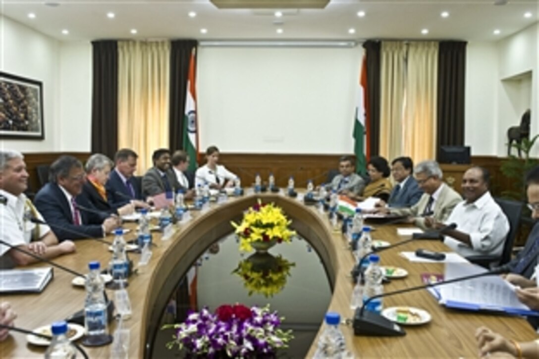 U.S. Defense Secretary Leon E. Panetta, left center, meets with Indian Defense Minister A.K. Antony, right, in New Delhi, June 6, 2012. Panetta and Antony discussed the stable and well-developed defense relationship between the two countries, and the possibility of India taking a larger role in Afghanistan. 