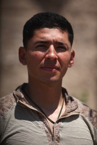 Petty Officer 3rd Class Eduardo D. Estrada, corpsman, Golf Company, 2nd Battalion, 5th Marine Regiment, along with two other corpsmen, helped save the life of 1st Lt. Michael Rhoads, a forward observer, who was shot in the torso, April 15, 2012. Estrada, 24, from Tucson, Ariz., stuck three needles into Rhoads to empty blocked space in his chest cavity, helping save his life.