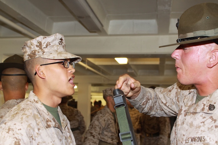 Recruits were inspected on their weapons, uniform and Marine Corps knowledge June 1 aboard Marine Corps Recruit Depot San Diego. Company K's Senior Drill Instructor Inspection was the recruits first inspection since they have arrived aboard the depot. This is only one of three they will have during training. These inspections give them confidence and prepare them for inspections they will have once the become Marines.