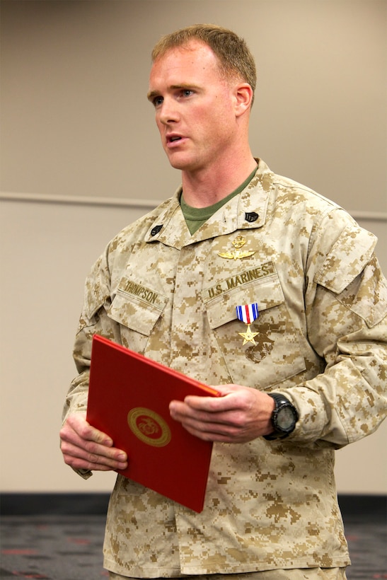 Staff Sgt. Andrew K. Thompson, with Marine Corps Forces Special Operations Command, speaks to peers after receiving the Silver Star at Camp Pendleton, Calif., March 12. Thompson from Bismarck, N.D., led his team and a company of Afghan National Army in an operation to clear a village in the Farah Province of Afghanistan, according to the citation.