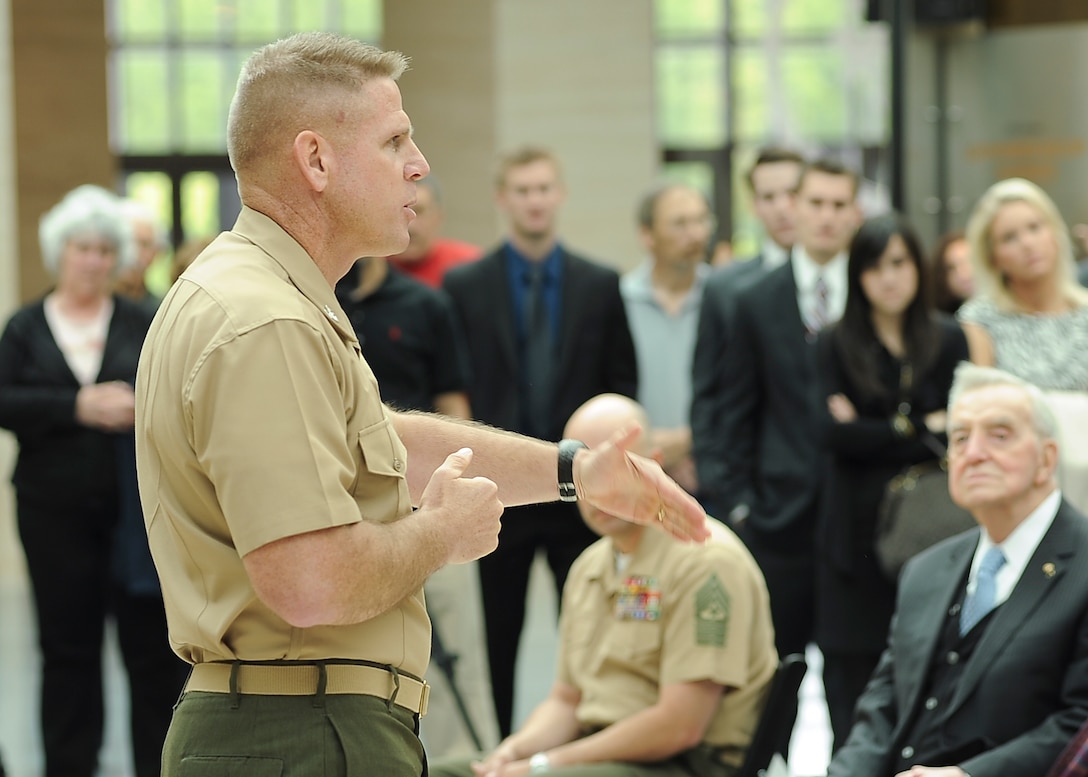 Sgt. William J. Woitowicz, a former native of Groton, Massachusetts was posthumously awarded the Silver Star, the nation’s third highest honor for combat valor, during a 10:30 a.m. ceremony on Saturday, April 28, at the National Museum of the Marine Corps, Quantico, Va., in front of family, friends and fellow Marines.  Col. Steven Grass, commanding officer of Marine Special Operations Regiment, U.S. Marine Corps Forces Special Operations Command, explain Sgt Woitowicz' heroism in combat that earned him the Silver Star.