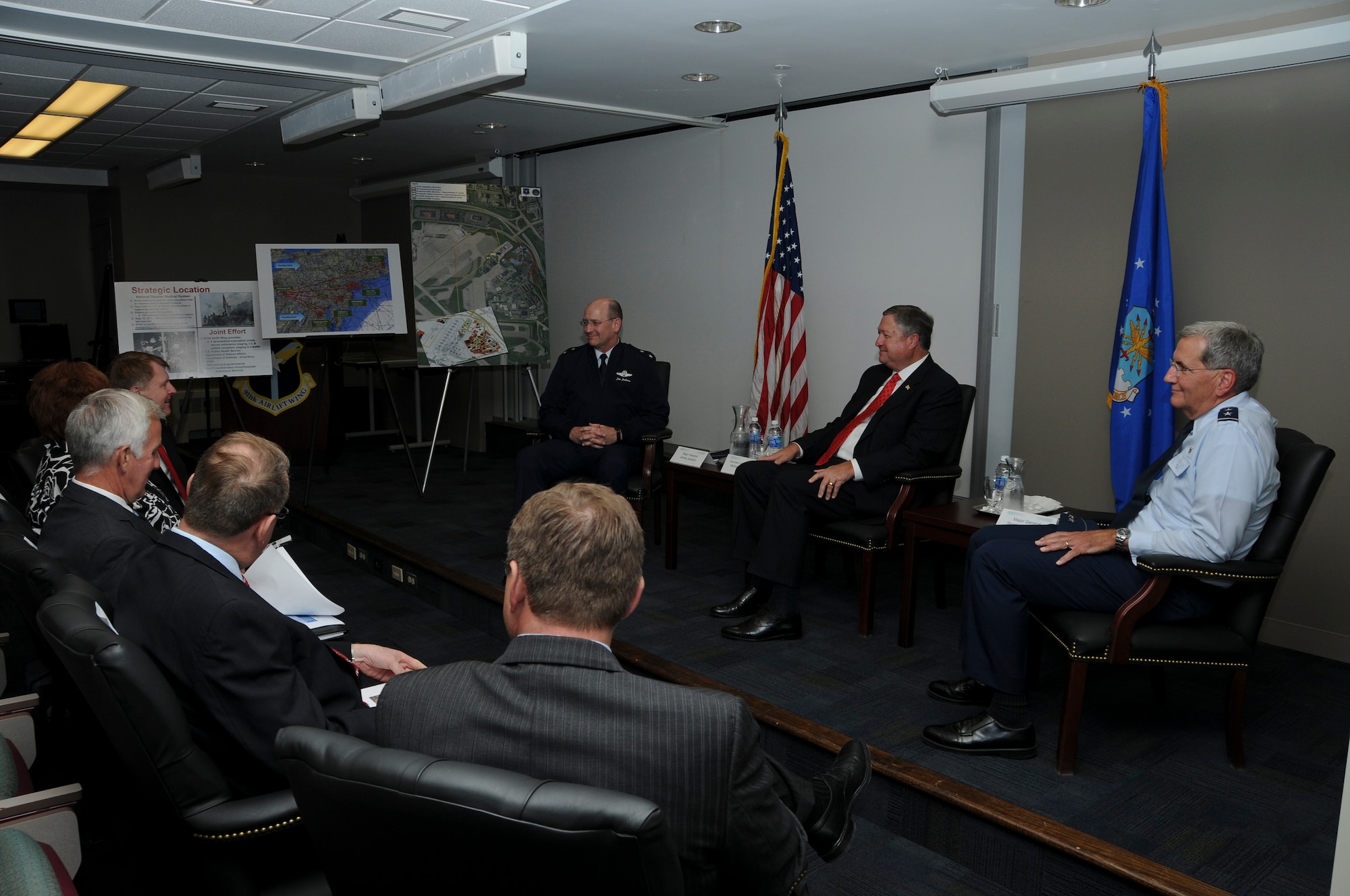 Deputy to the Chief of Air Force Reserve Maj. Gen. James "JJ" Jackson (upper left); Secretary of the Air Force Michael Donley (center); and Assistant Adjutant General Pennsylvania Air National Guard Maj. Gen. Stephen M. Sischo (upper right) speak with community leaders at the 911th Airlift Wing in Pittsburgh, Pa., June 7, 2012. The panel discussion with community leaders was the final stop on Donley's visit with the 911th AW, where he took the opportunity to thank them for their support and for sharing their perspectives on the future of the base. (U.S. Air Force photo/Senior Airman Joshua J. Seybert)