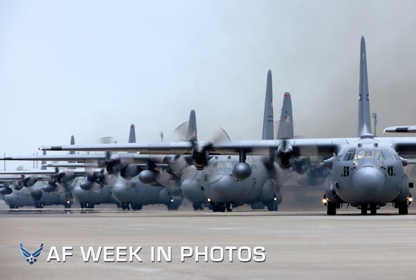 During an eight-ship sortie, C-130 Hercules from the 36th Airlift Squadron, Alaska Air National Guard and Tennessee Air National Guard taxi out at Yokota Air Base, Japan, June 5, 2012. The sortie was part of the Samurai Surge exercise. (U.S. Air Force photo/Osakabe Yasuo)