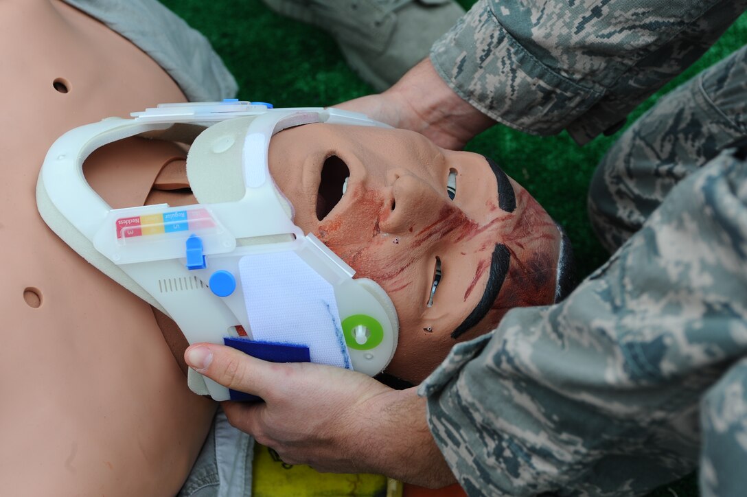 A very life-like patient simulator that mimicked a human responding to pain following an accident was used by Airmen from the 28th Civil Engineer Squadron and 28th Medical Group during a crash response exercise at Ellsworth Air Force Base, S.D., May 23, 2012. Human patient simulators are fully integrated with computer software that can provide realistic human responses such as the ability to talk, simulate pain, respirate, have a pulse, and bleed. (U.S. Air Force photo by Airman 1st Class Zachary Hada/Released)