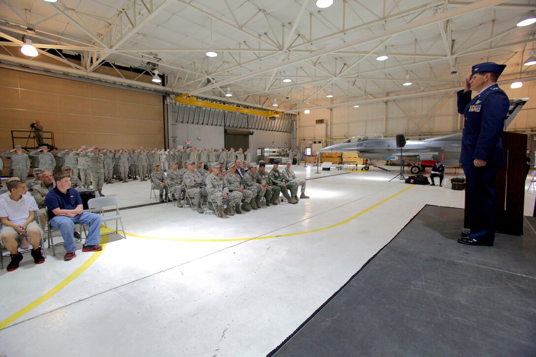 Airmen of the 177th Fighter Wing Maintenance Group render final salute to outgoing maintenance commander Col. Kerry M. Gentry, now commander of the 177th Fighter Wing, during the 177th Maintenance Group Change of Command ceremony April 22, 2012.  Gentry, the former Maintenance Group commander turned over command to Col. Patrick M. Kennedy.  The 177th Fighter Wing, New Jersey Air National Guard, is located at Egg Harbor Township, N.J.  U.S. Air Force photo by Master Sgt. Mark C. Olsen