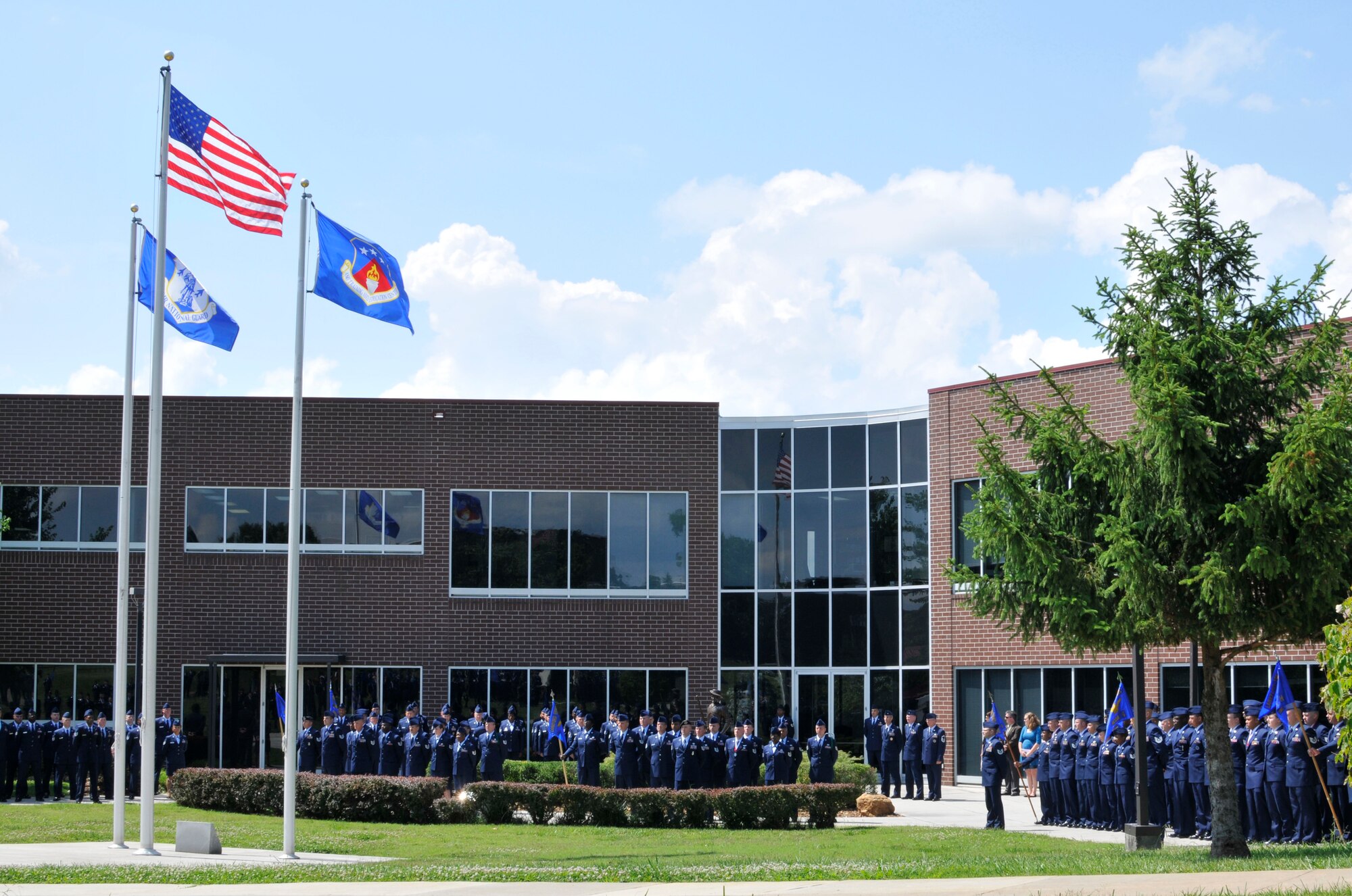 McGHEE TYSON AIR NATIONAL GUARD BASE, Tenn. - The students of Airman Leadership School Class 12-4 and Noncommissioned Officer Academy Class 12-5 perform a retreat ceremony on the campus of the I.G. Brown Training and Education Center following their graduation ceremony, June 7, 2012. (National Guard photo by Master Sgt. Kurt Skoglund/Released)