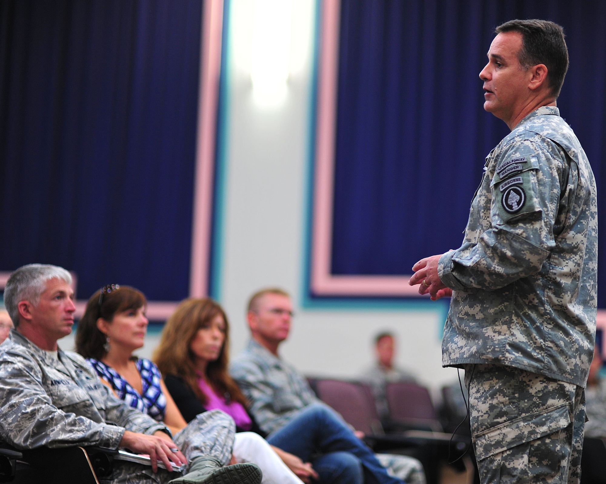 U.S. Special Operations Command Senior Enlisted Adviser Command Sgt. Maj. Chris Faris discusses the hardships his family endured due to mulitple deployments from war June 6, 2012. CSM Faris tells his story to show Hurlburt members and their families they are not alone and help is available. (U.S. Air Force photo/Tech. Sgt. Vanessa Valentine) Released