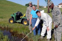 MINOT AIR FORCE BASE, N.D. -- Chief Master Sgt. Kevin Jurgella, Vicki Johnson, Senior Airman Nathaniel Boober, Senior Master Sgt. Daniel S. Clark. The 5th Civil Engineer Squadron Entomology Shop protects the health and morale of base personnel through a comprehensive mosquito control program, treating all breeding sources on base. They provide adult ground mosquito control through the coordination of aerial sprays and control ground squirrels (Dakrats), mice, rats, skunks, badgers, bedbugs, ticks, and the like. They also support the 5th Bomb Wing flying mission by eliminating flight line weeds and controlling insects that attract birds, as well as ensure compliance with environmental regulations through proper use of pesticides and by controlling noxious weeds on base. Outside of the 5th BW, they provide weed control for 165 Missile Wing sites while providing general pest control for all alert facilities.(Photo Submission/Staff Sgt. Carmen Washington)