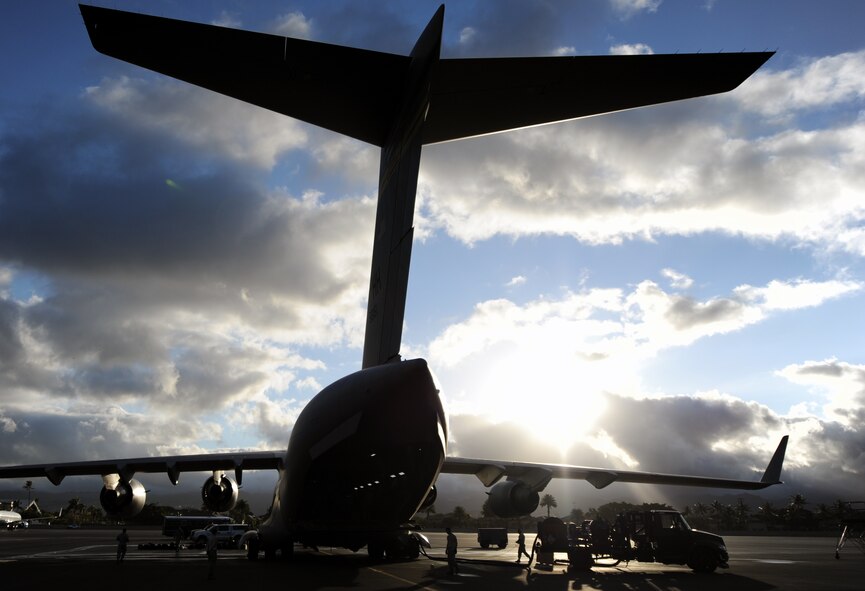 A 535th Airlift Squadron C-17 Globemaster III is fueled on the Joint Base Pearl Harbor-Hickam, Hawaii, flightline June 6 prior to an early morning departure to Alaska for the RED FLAG-Alaska military exercise. RED FLAG-Alaska is one of the largest international air-combat employment exercises in the world and is designed to test the specific capabilities of the military units that take part in the exercise and increase their chance of survival during actual combat. (U.S. Air Force photo by Capt. Ben Sakrisson)